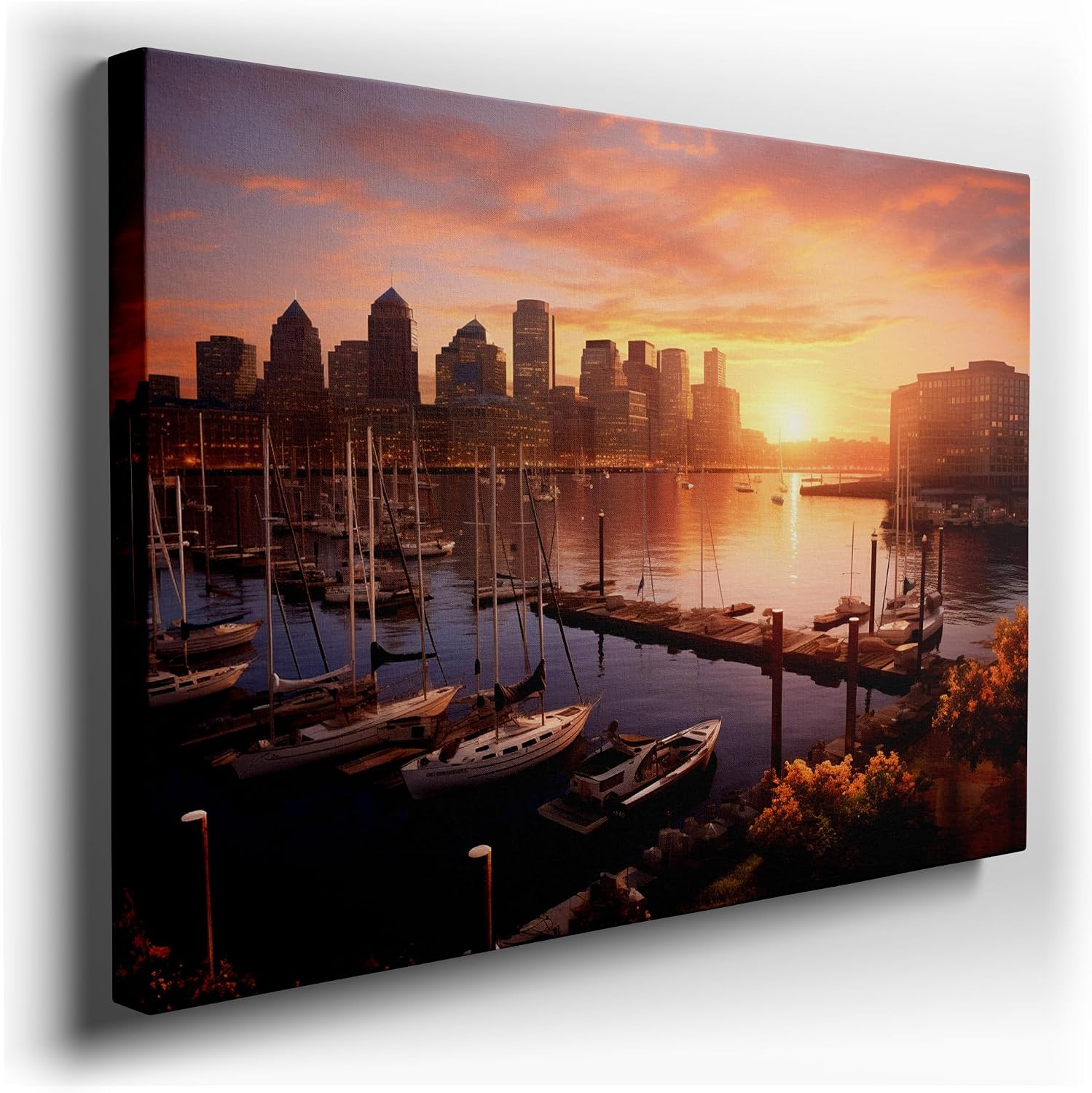 Canvas for Living room. Harbor Hues: When City Skylines Meet Sunset Serenity, 27 x 18 inch Canvas Wall Art - Ready to Hang