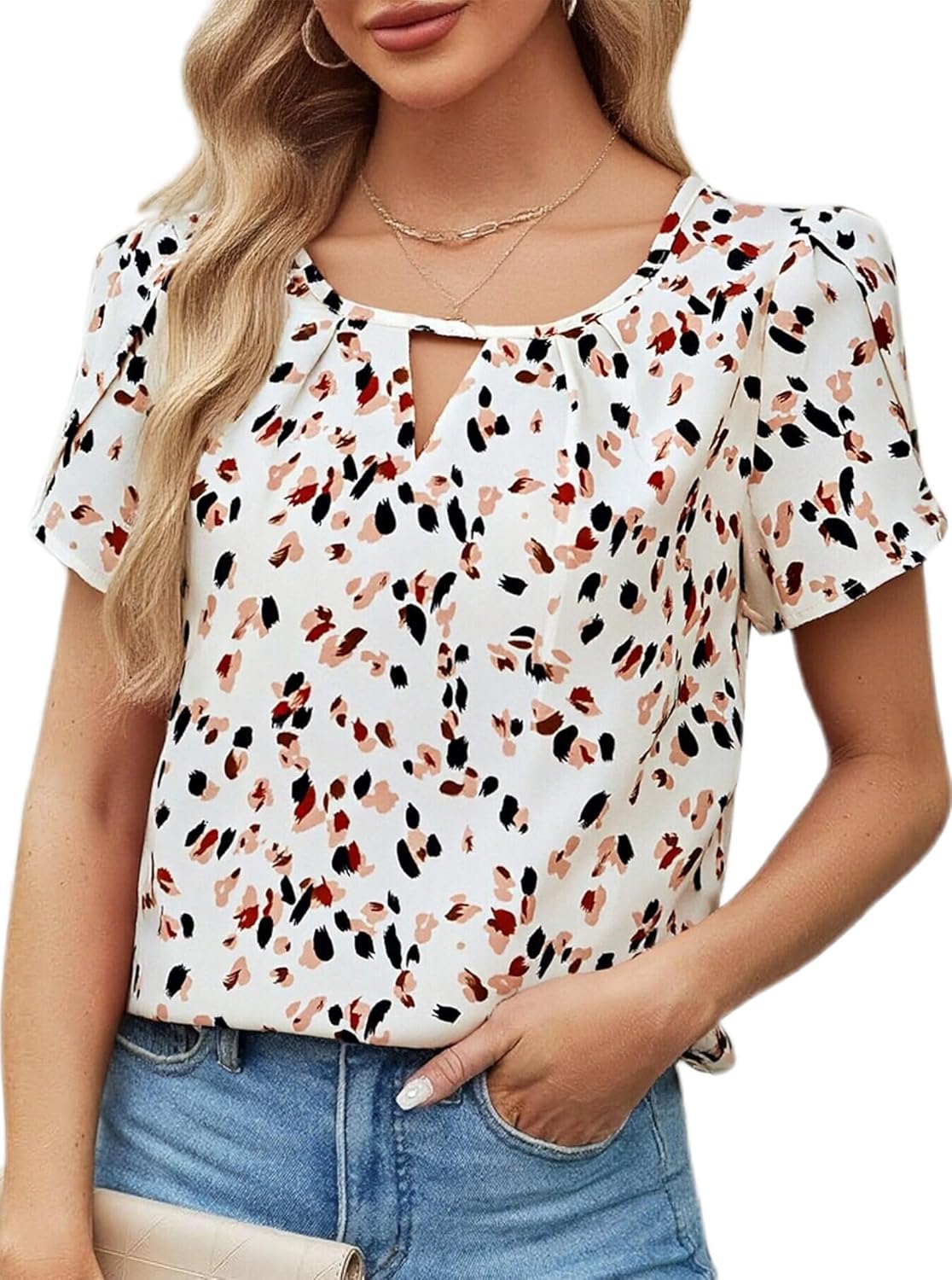 SOFIA'S CHOICE Women's Pleated V Neck Puff Short Sleeve Blouse Business Casual Work Tops