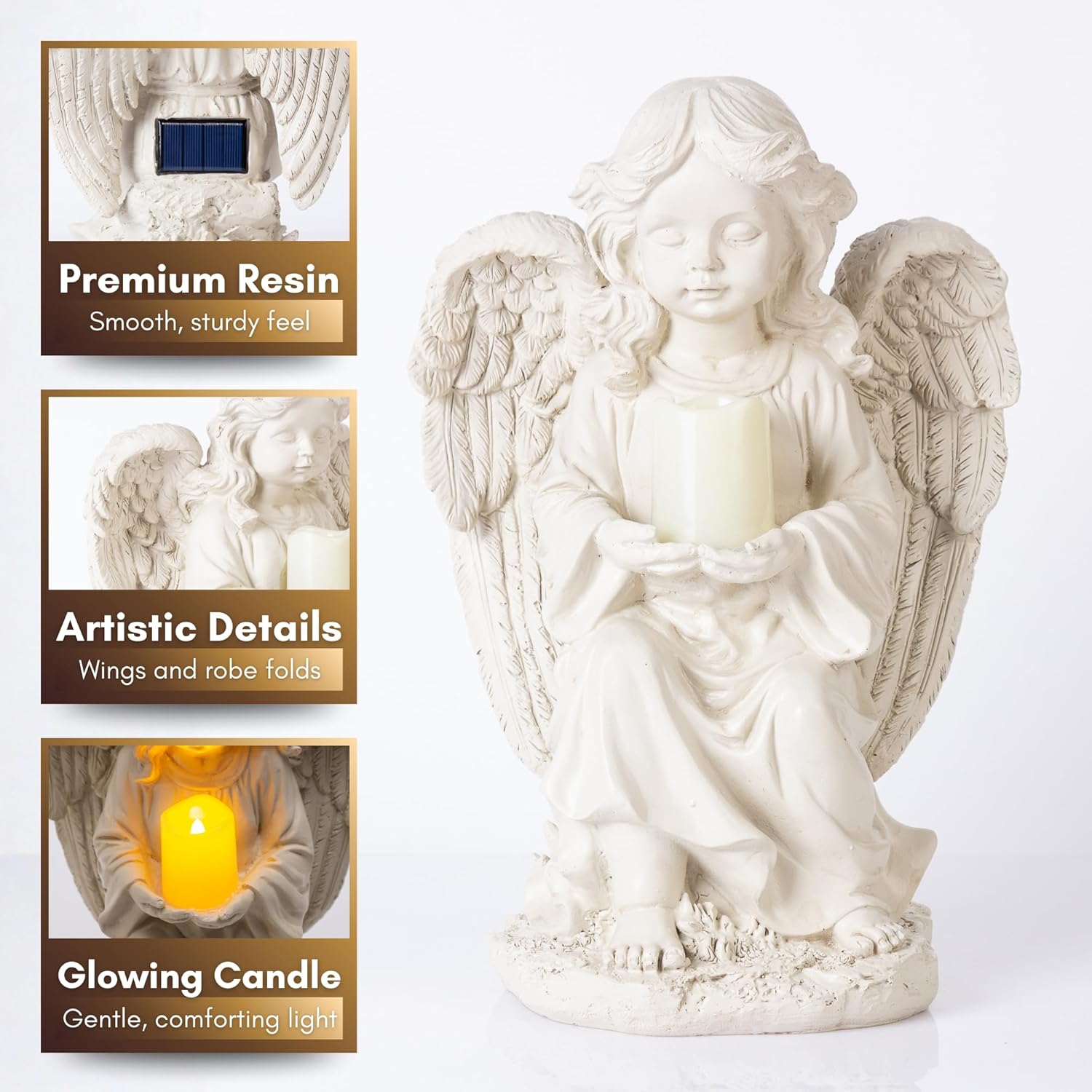 TIALLY Solar Angel Garden Statue with Glowing Candle – Large Angel Figurines with Soft Glow, Weatherproof Outdoor Statues for Memorial Decor, Yard, Lawn or Cemetery Use, Angels Gifts for Women