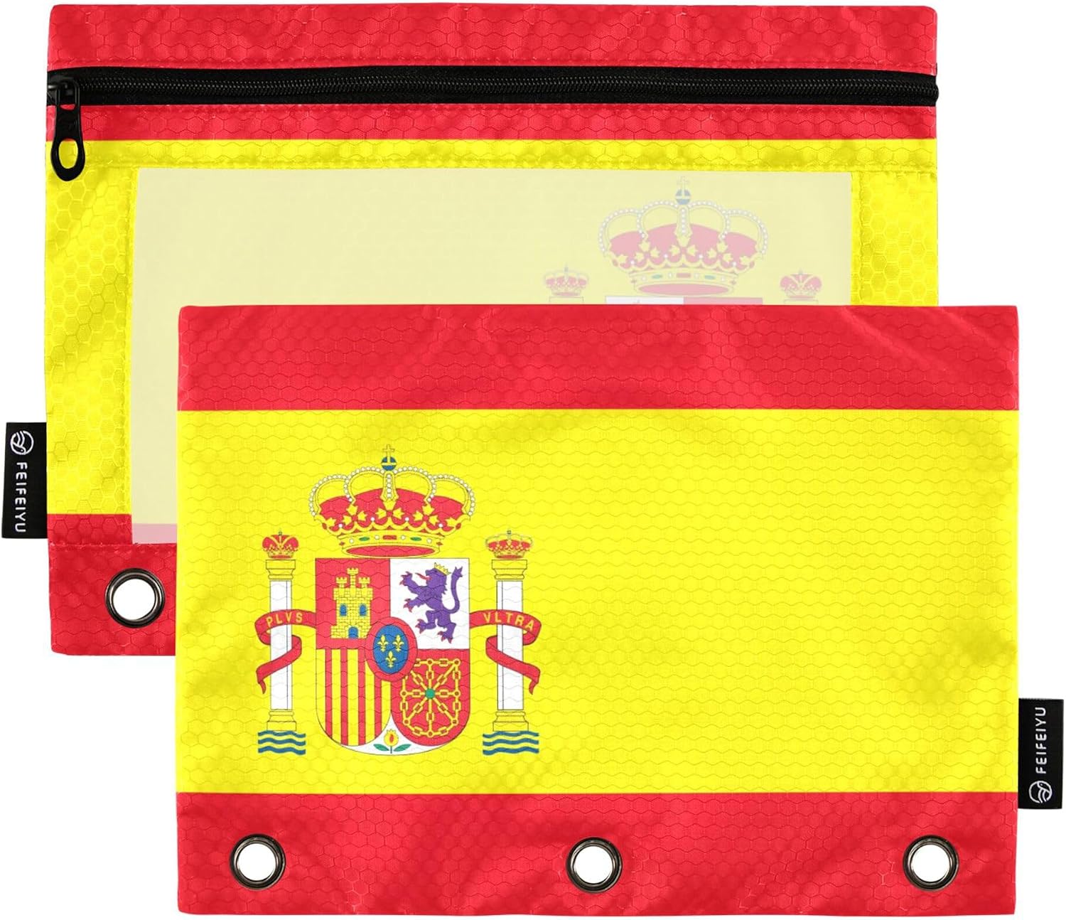 Fisyme Flag of Spain Pencil Pouch for 3 Ring Binder Pencils Case Bag Zipper Pouch with Clear Window for Office 2 Pack