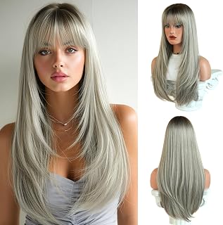 PARK YUN 27IN Dark Root Ombre Silver Grey Layered Wig with Bangs for Women | Glueless heat-resistant synthetic fiber,Breathable adjustable mesh cap,Natural Looking Ready to Go Daily Use Cosplay Party