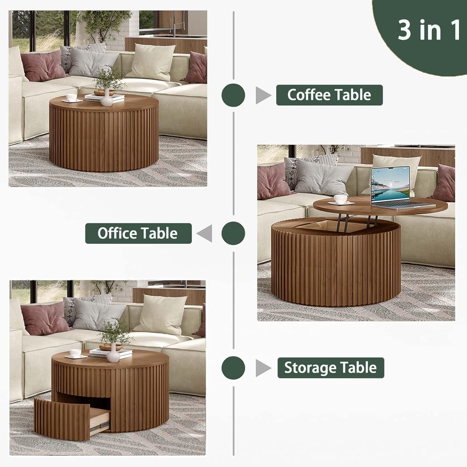 POVISON Round Coffee Table with Lifting Top, Mid Century Modern 39.37" Coffee Table with Storage for Living Room Table for Home Office, Light Walnut, Fully Assembled