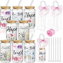 Mumufy 8 Sets Christian Cute Glass Cups with Lids and Straws Bulk, 16 Oz