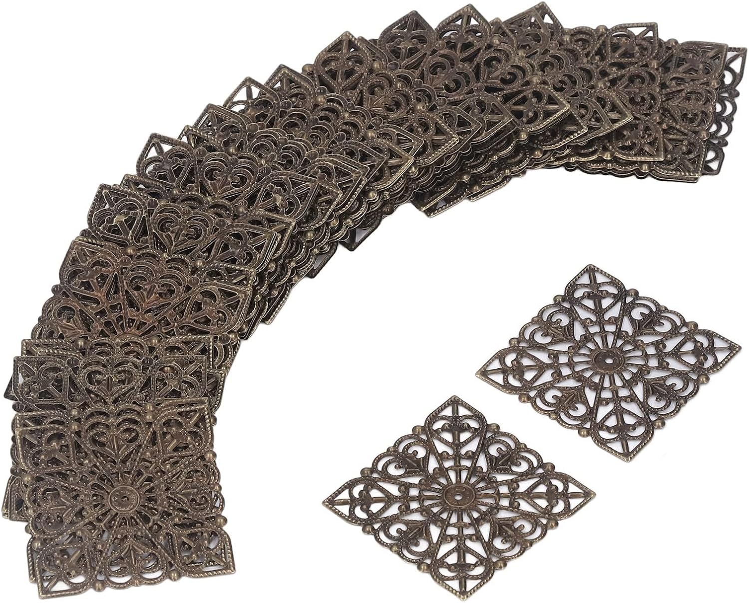 Antique Bronze Iron Filigree Pendant,50Pcs Square Iron Filigree Charm Pendant Connectors Hollow Electroplating Metal Embellishments for DIY Connectors for Jewelry Making - Image 8