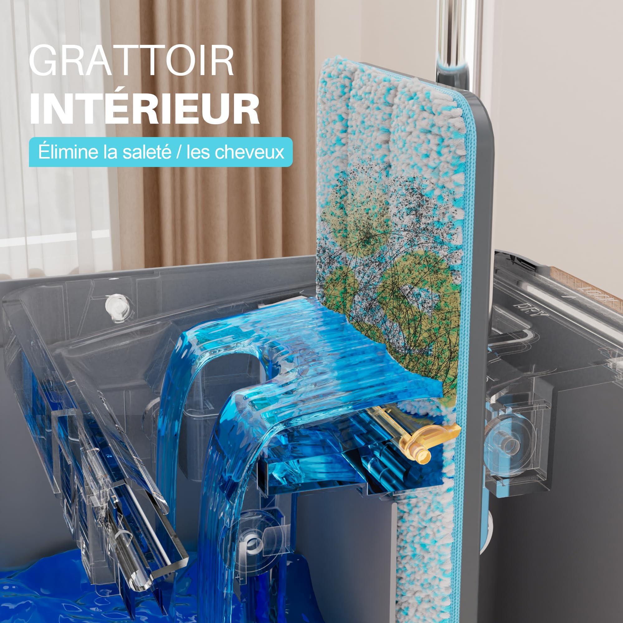 JOYMOOP Ensemble serpillère et Seau avec essoreuse, serpillères pour Nettoyage du Sol, Nettoyeur Mural avec Long Manche, avec 6 serpillères réutilisables en Microfibre – Gris + Bleu Cyan