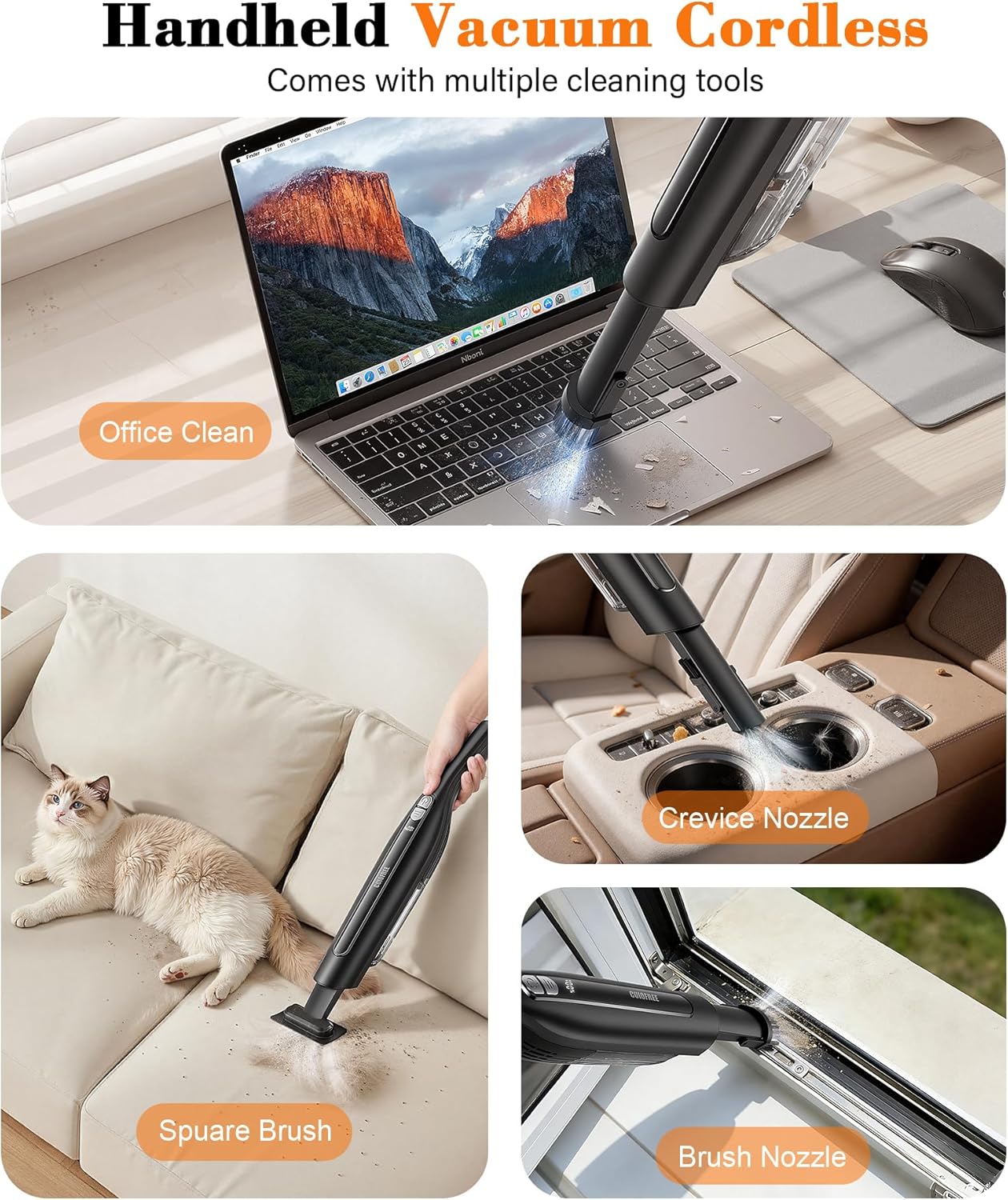 Handheld Vacuum Cordless,24KPA High Power Car Vacuum with Brushless Motor,LED Light,Charging Dock,Rechargeable Hand Held Vacuum Cleaner with Reusable Filter for Car,Home,Office,Pet Pair,Black