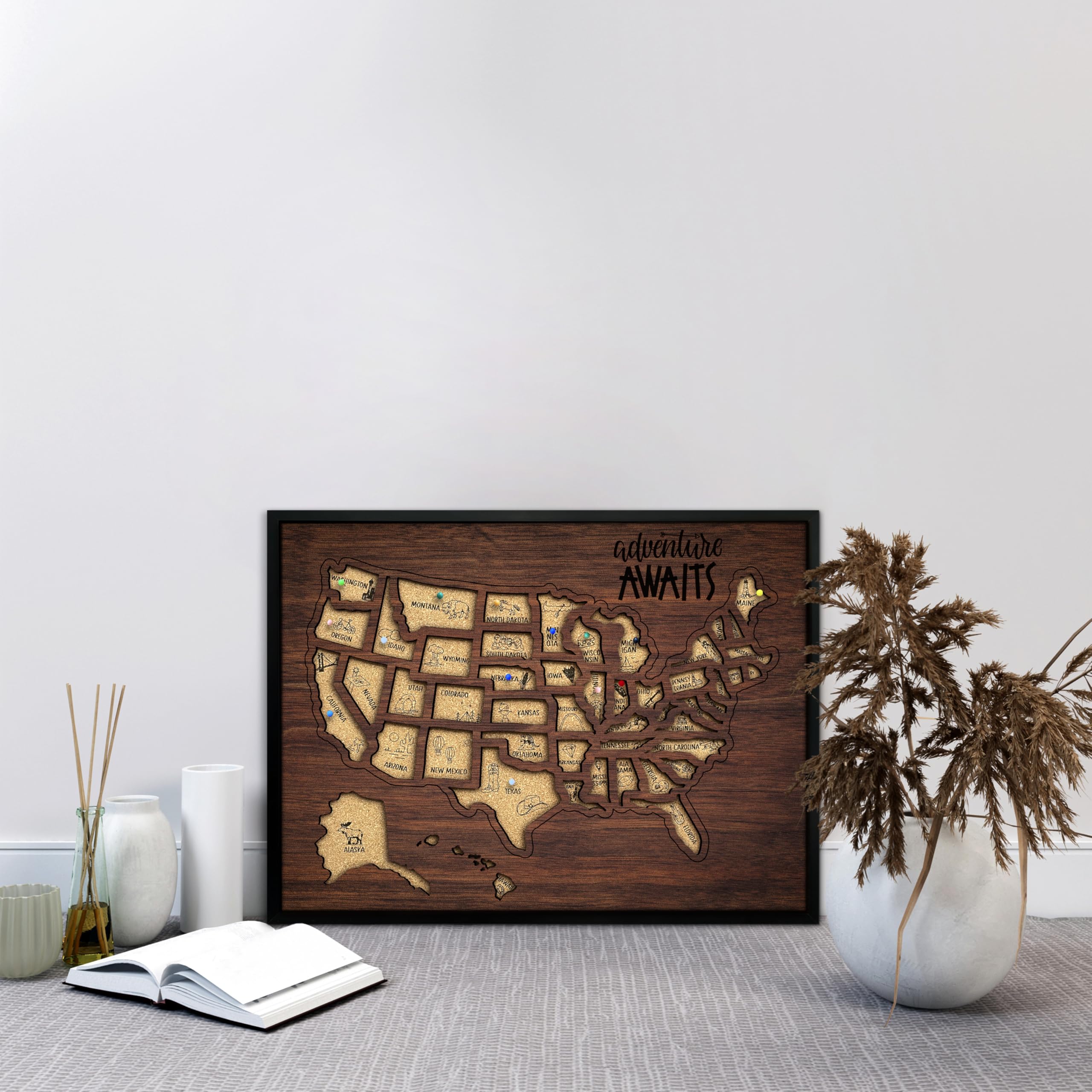 flinelife Mapa de viaje de corcho con alfileres, 16 x 12 pulgadas, tamaño grande, mapa de Estados Unidos, perfecto para parejas y familiares