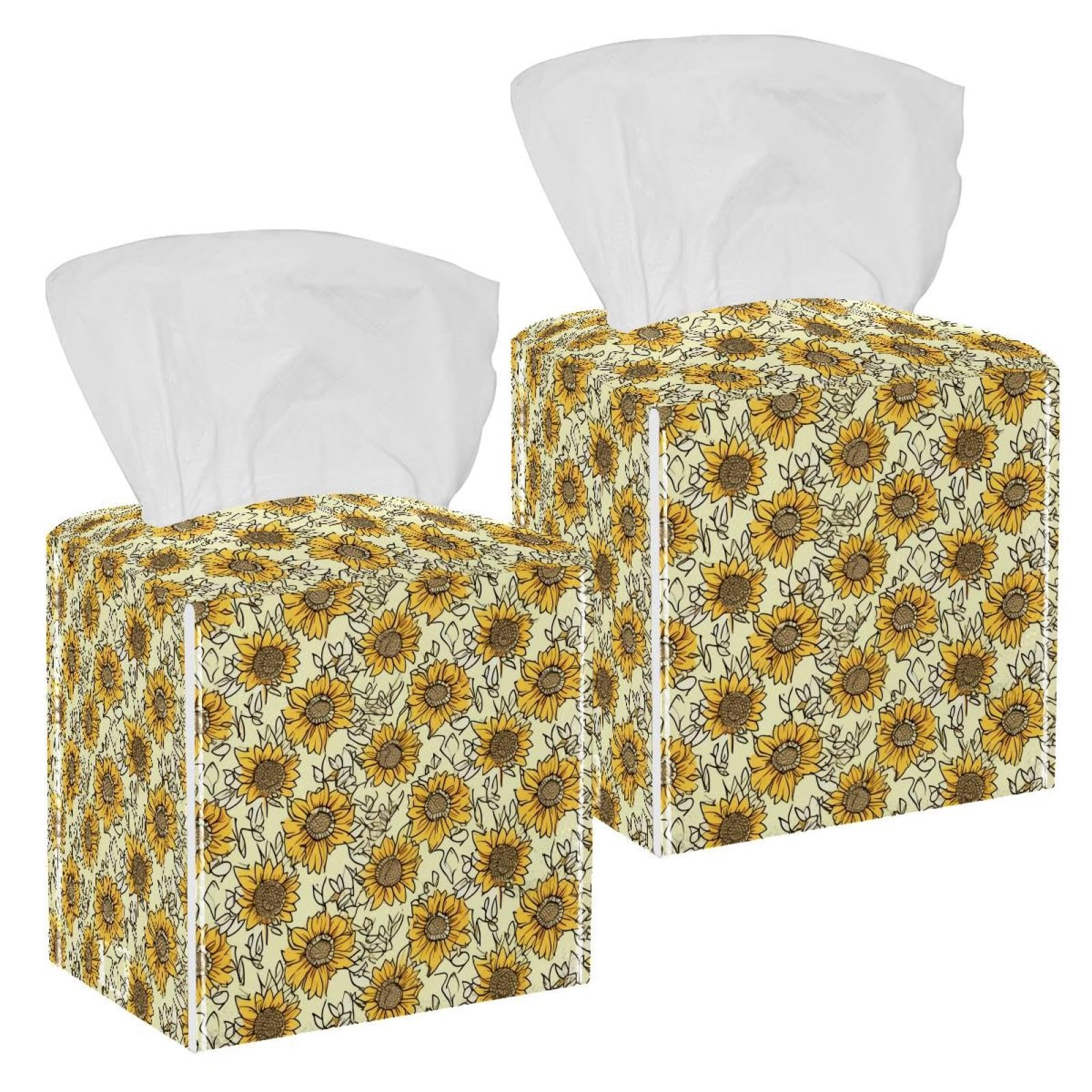 Sunflowers Tissue Box Cover, 2 Pack PU Leather Square Facial Tissue Dispenser Box holder for Home Office Car