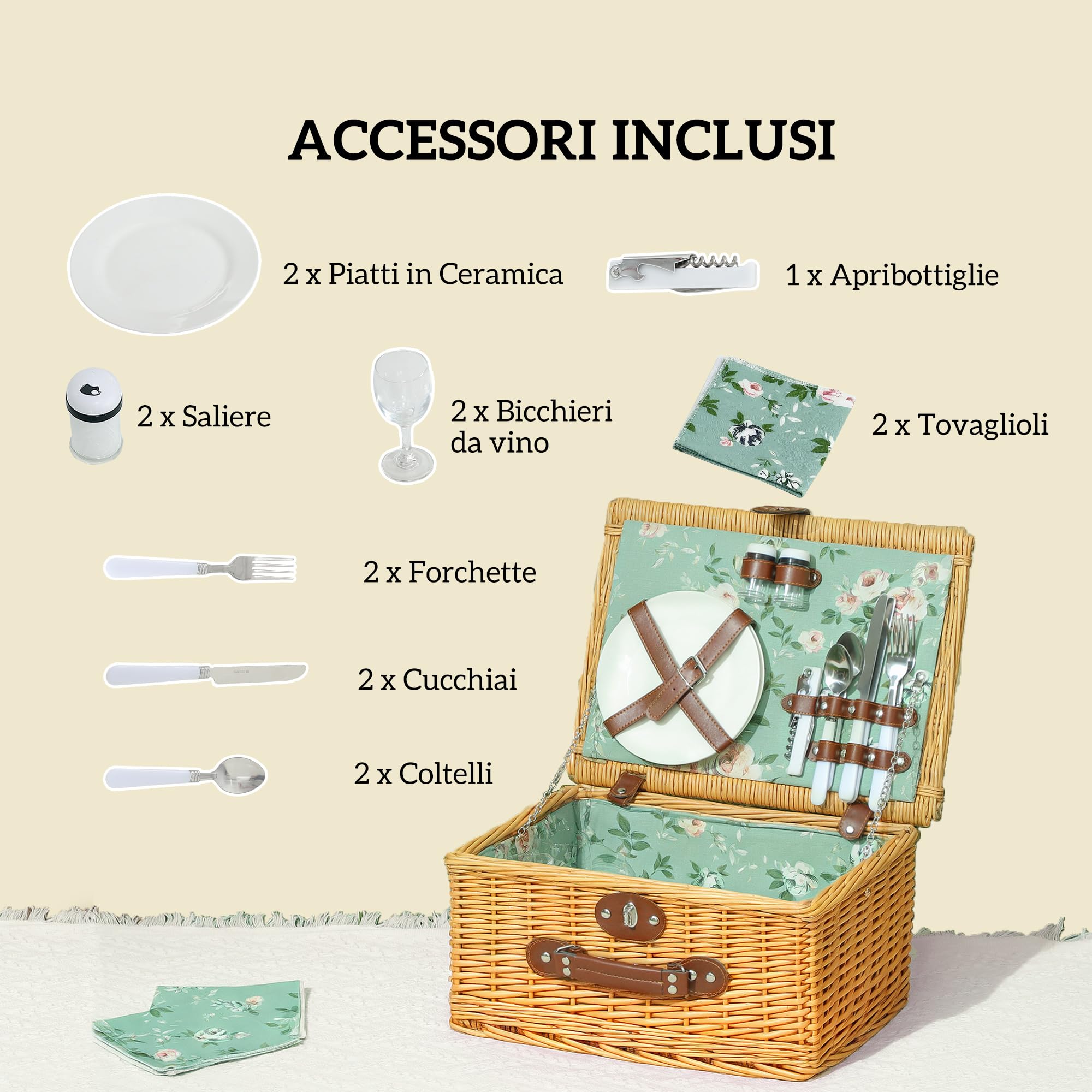 Outsunny Cestino da Picnic in Vimini per 2 Persone, Cesto Picnic con Manico, Piatti, Calici, Cavatappi, Tovaglioli e Posate, 40x30x20 cm, Marrone Chiaro