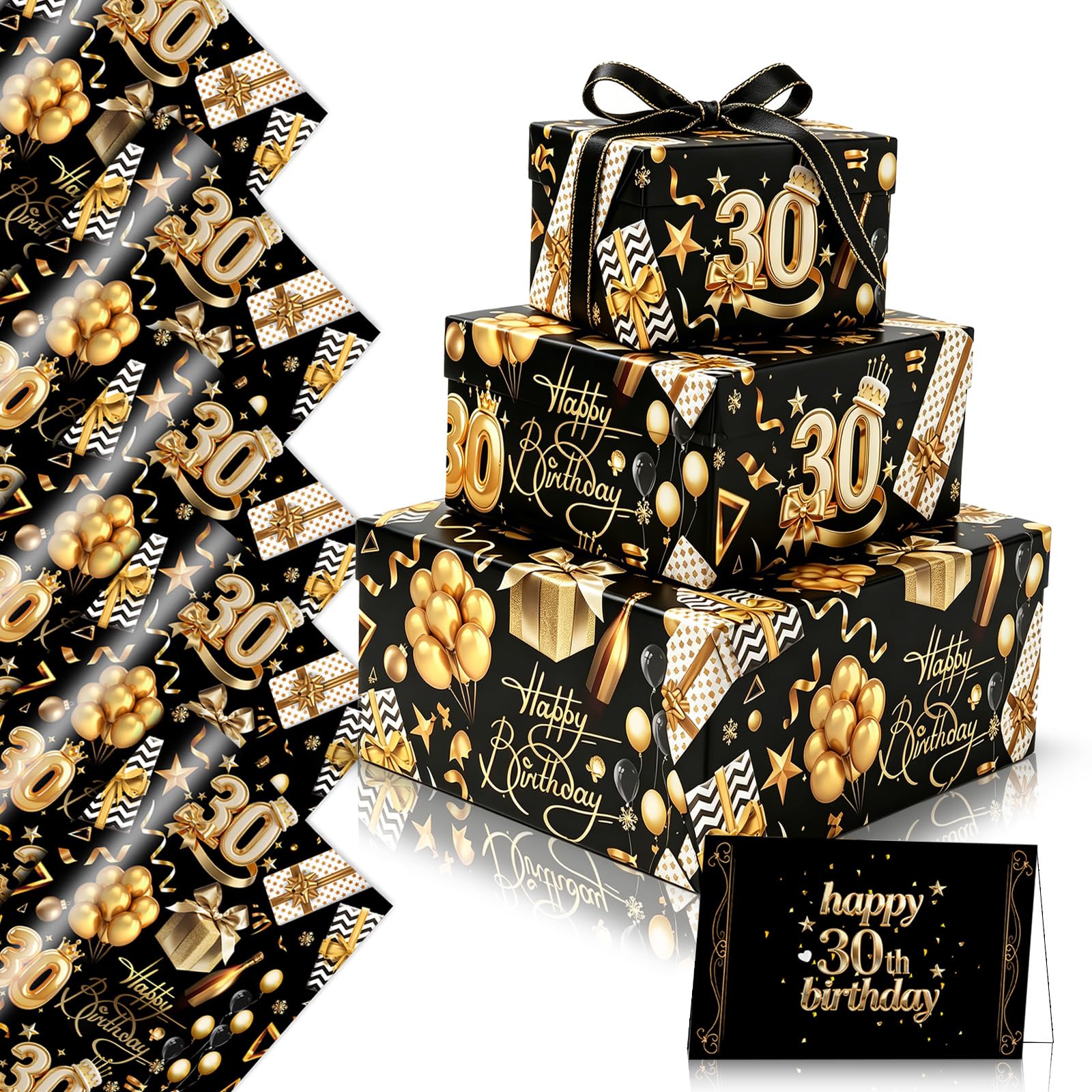 Black and Gold 30th Birthday Wrapping Paper Women Men,5 Sheets 50x70cm 3D Happy 30 Birthday Gift Wrap Paper with Card and 2m Ribbon for Ladies Woman Him Her Female Male 30th Birthday Gifts Decorations