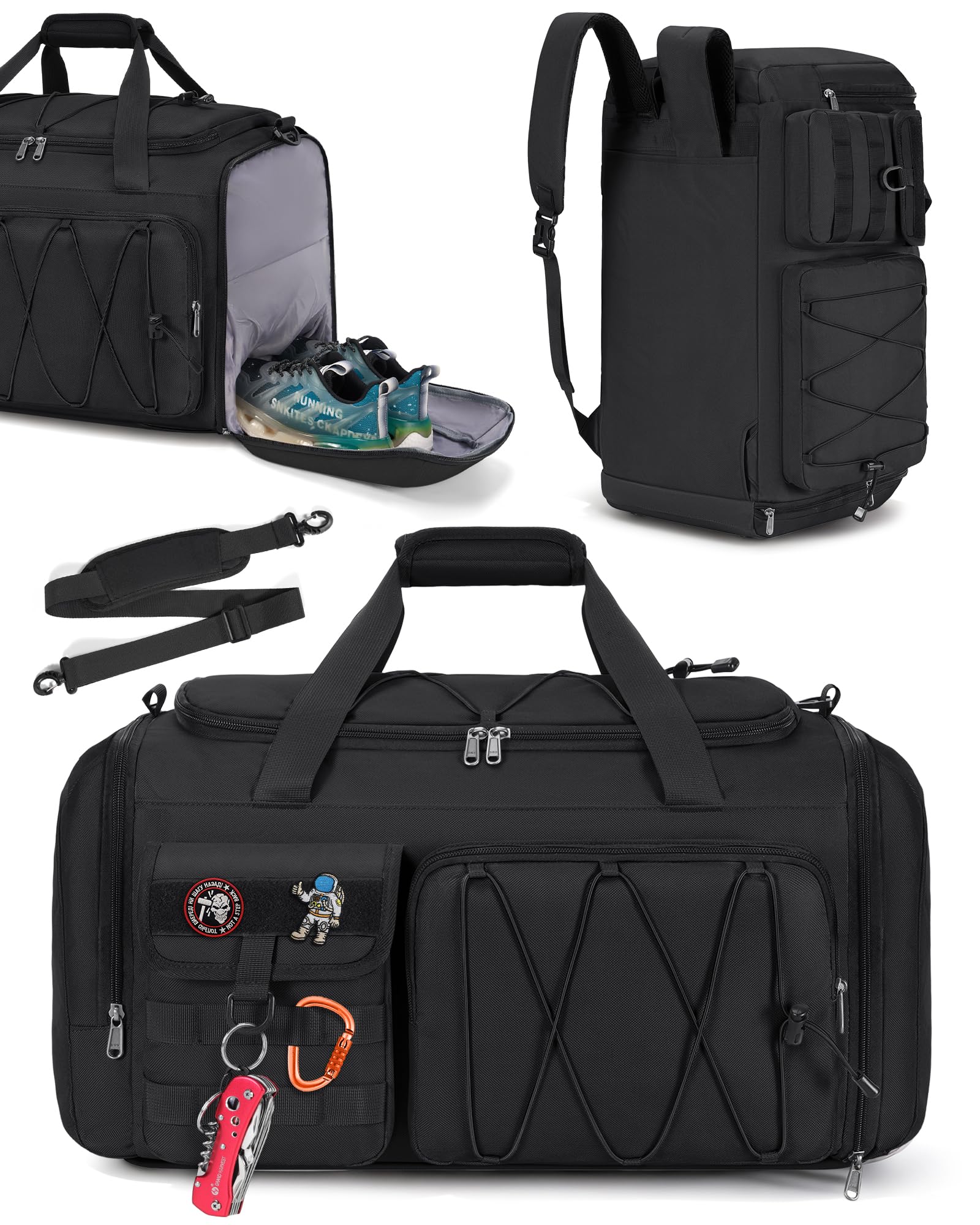 RAINSMORE Sports Gym Bag for Men Women, 45L Large Duffel Bag with Shoe Compartment and Wet Pocket, Water Resistant, 3-in-1 Travel Holdall Weekender Black