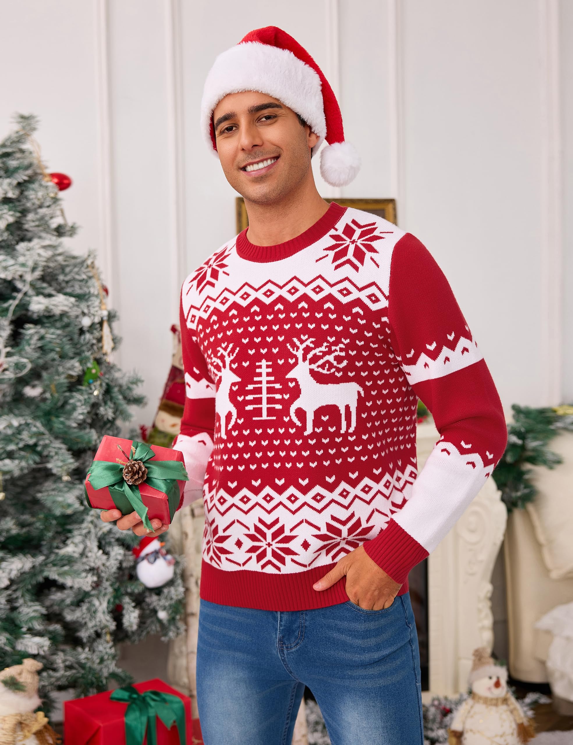 Demegimi Jersey de Navidad Hombre Invierno Suéter de Navidad Cuello Redondo Christmas Jumper Hombre Manga Larga S-XXL