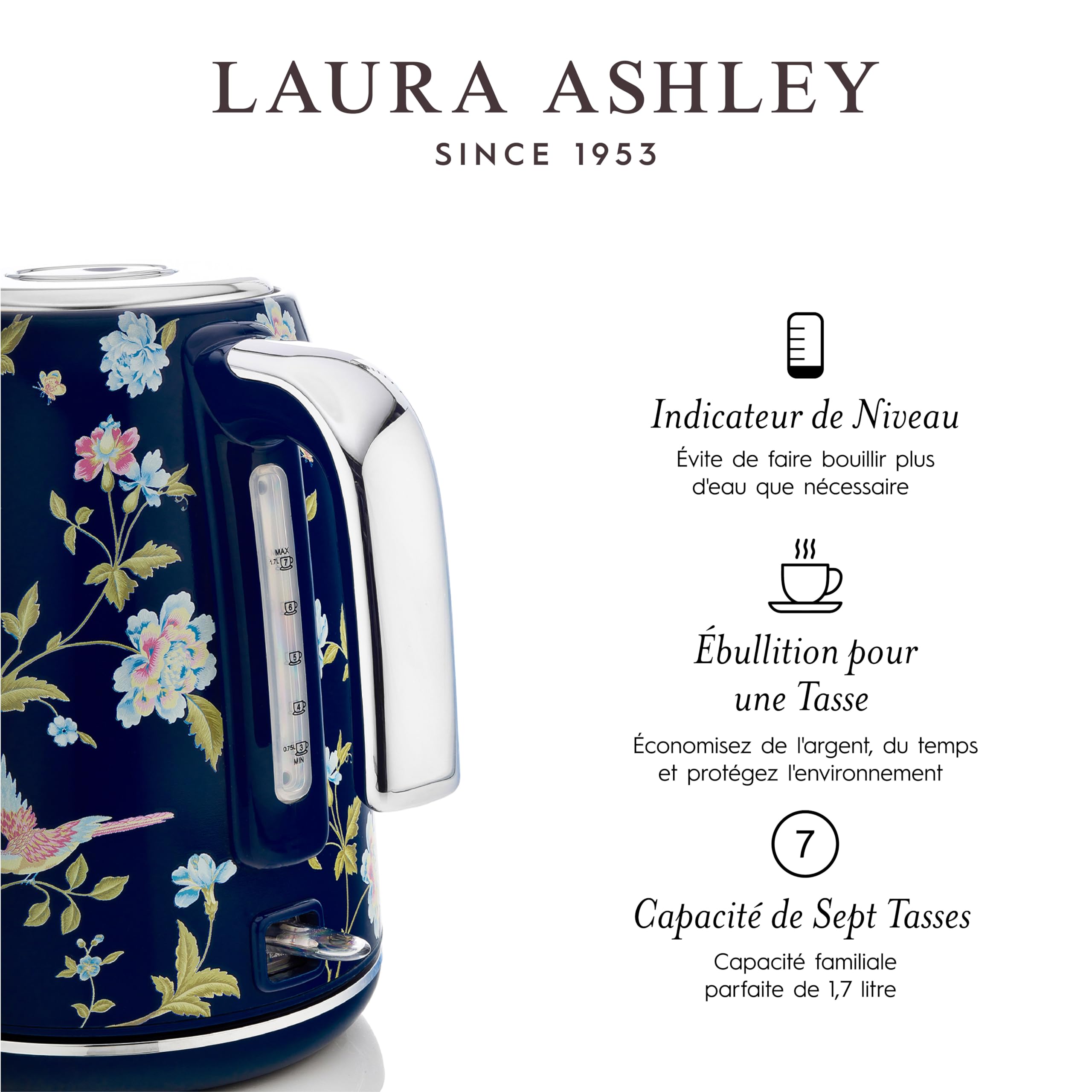 Laura Ashley Ensembles Bouilloire et Grille-Pain par VQ – Bouilloire Electrique 1,7 L à Ébullition Rapide et Grille-Pain 2 Tranches avec Fonctions Décongélation et Réchauffage – Elveden Bleu