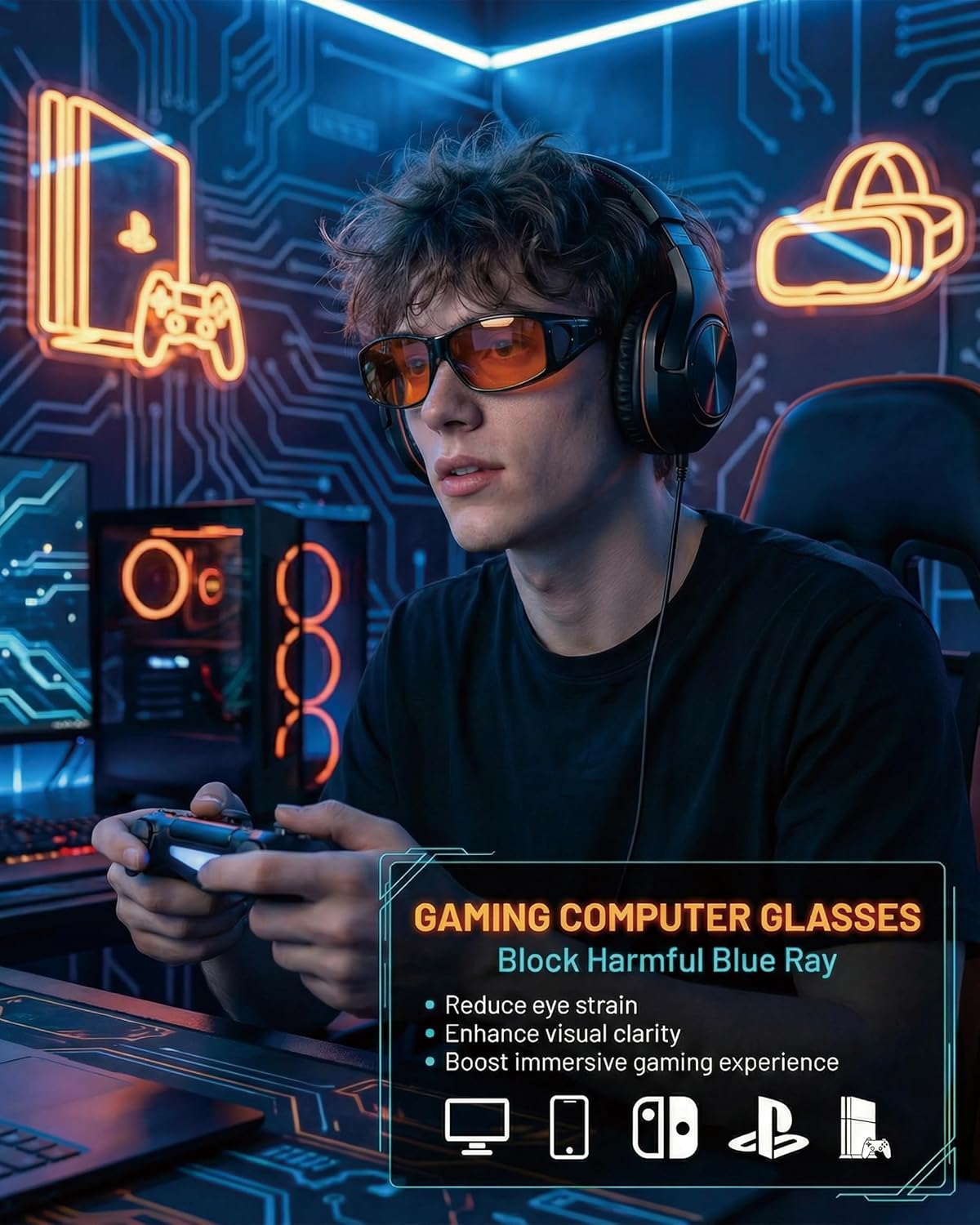 Gaming Fitover Glasses for Prescription Wearers, Headset Compatible, Amber-Tint Lenses Block Blue Light to Reduce Eyes Strain & Headaches, Enhance Focus for Esports & Gamers, Improve Sleep