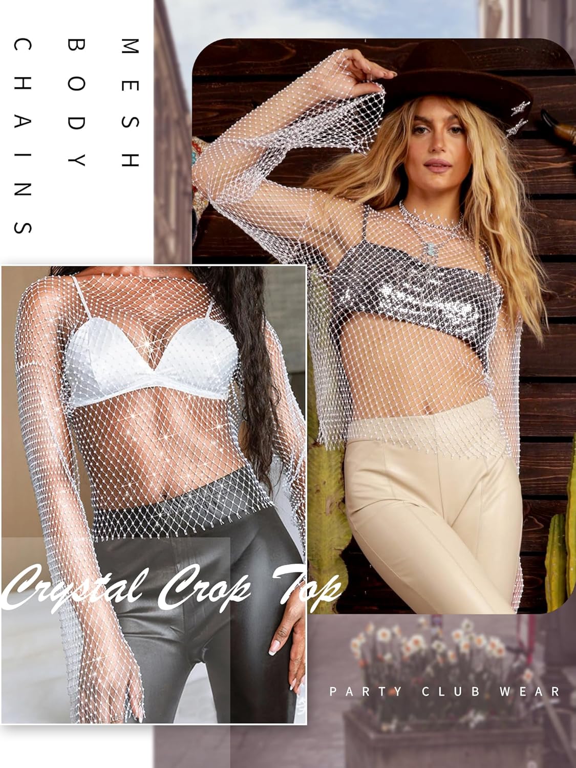 ELLEVEN Rhinestone Crystal Crop Top, Long Sleeve Mesh Body Chains See Through Cover up Sparkly Glitter Shirt Party Club Wear - Image 4