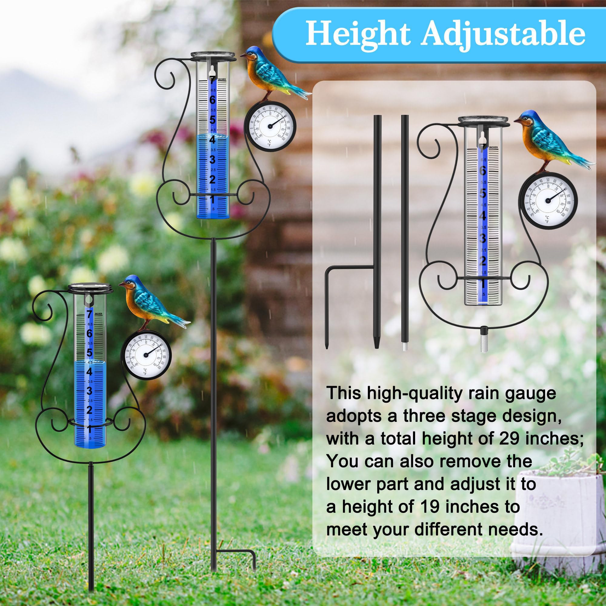 Regenmesser für den Außenbereich, großer farbiger digitaler Regenmesser mit Metallkolibri und Temperatur- und Hygrometer, höhenverstellbar, große Kapazität, für Garten, Deck, Rasen,