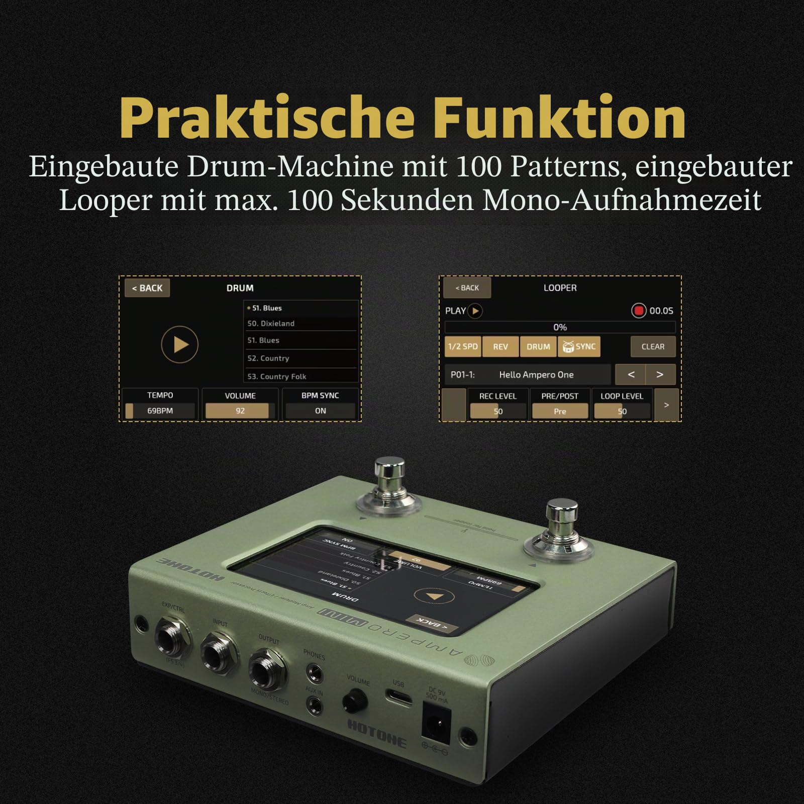Hotone Gitarre Bass Multi-Effekte Prozessor Touchscreen Gitarre Bass Amp Modellierung IR Cabinets Simulation Multi Language Stereo OTG USB Audio Interface Ampero Mini (Matcha)