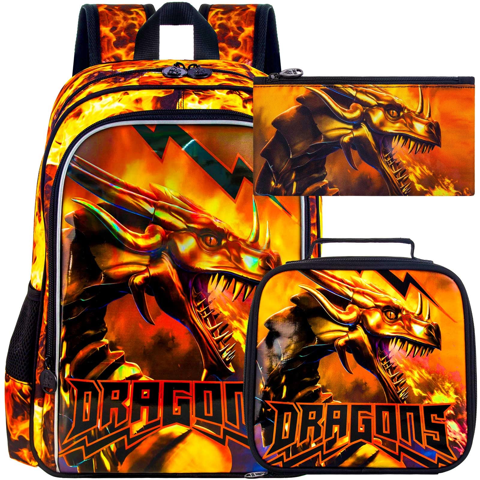 3Pcs Boys Backpack, 16" Boy School Bookbag for Elementary Preschool Kindergarten, Kids Dragon Backpacks with Lunch Box(Orange)