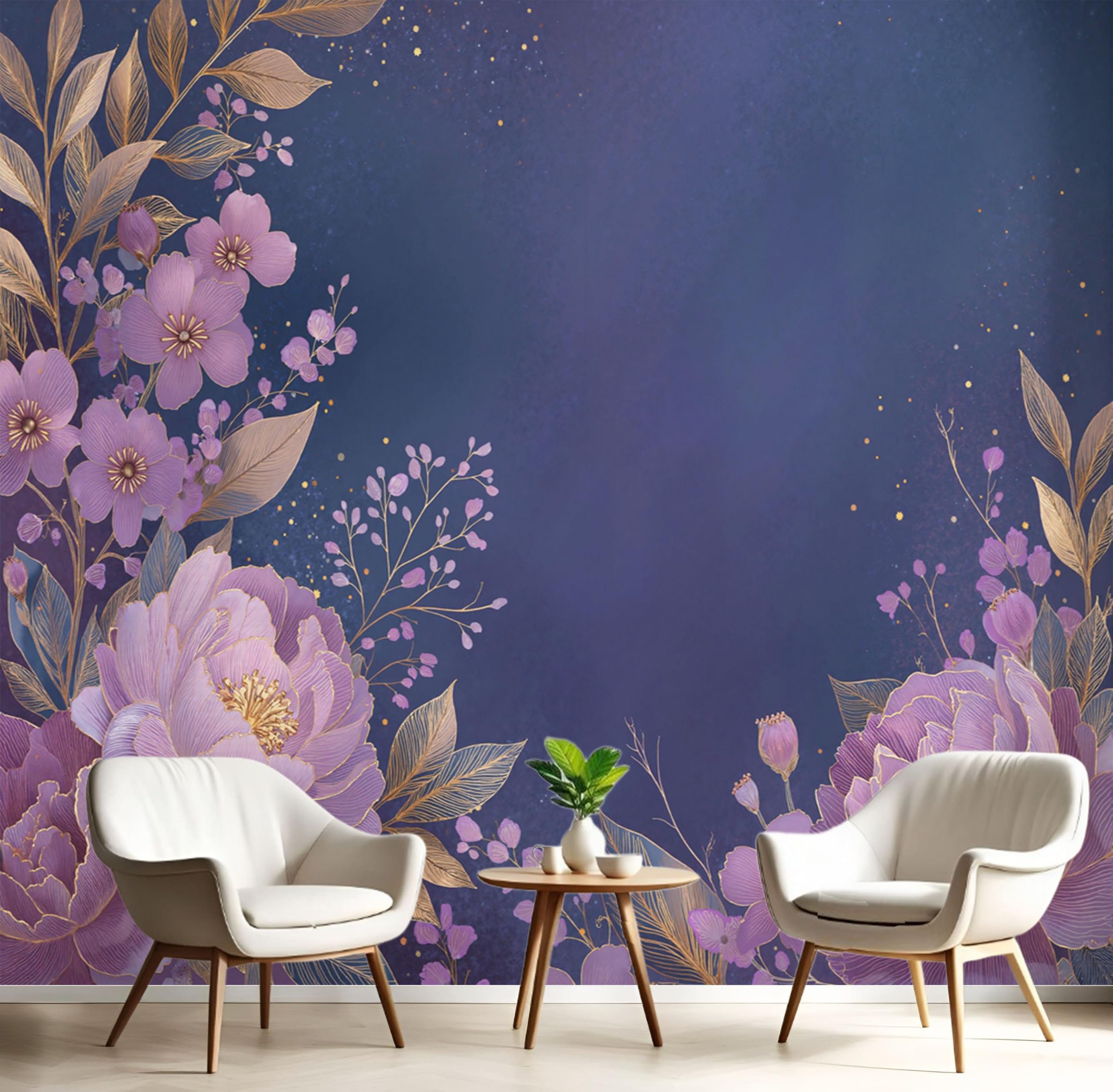 Papier peint panoramique en tissu de soie motif fleurs violet-bleu et détails dorés