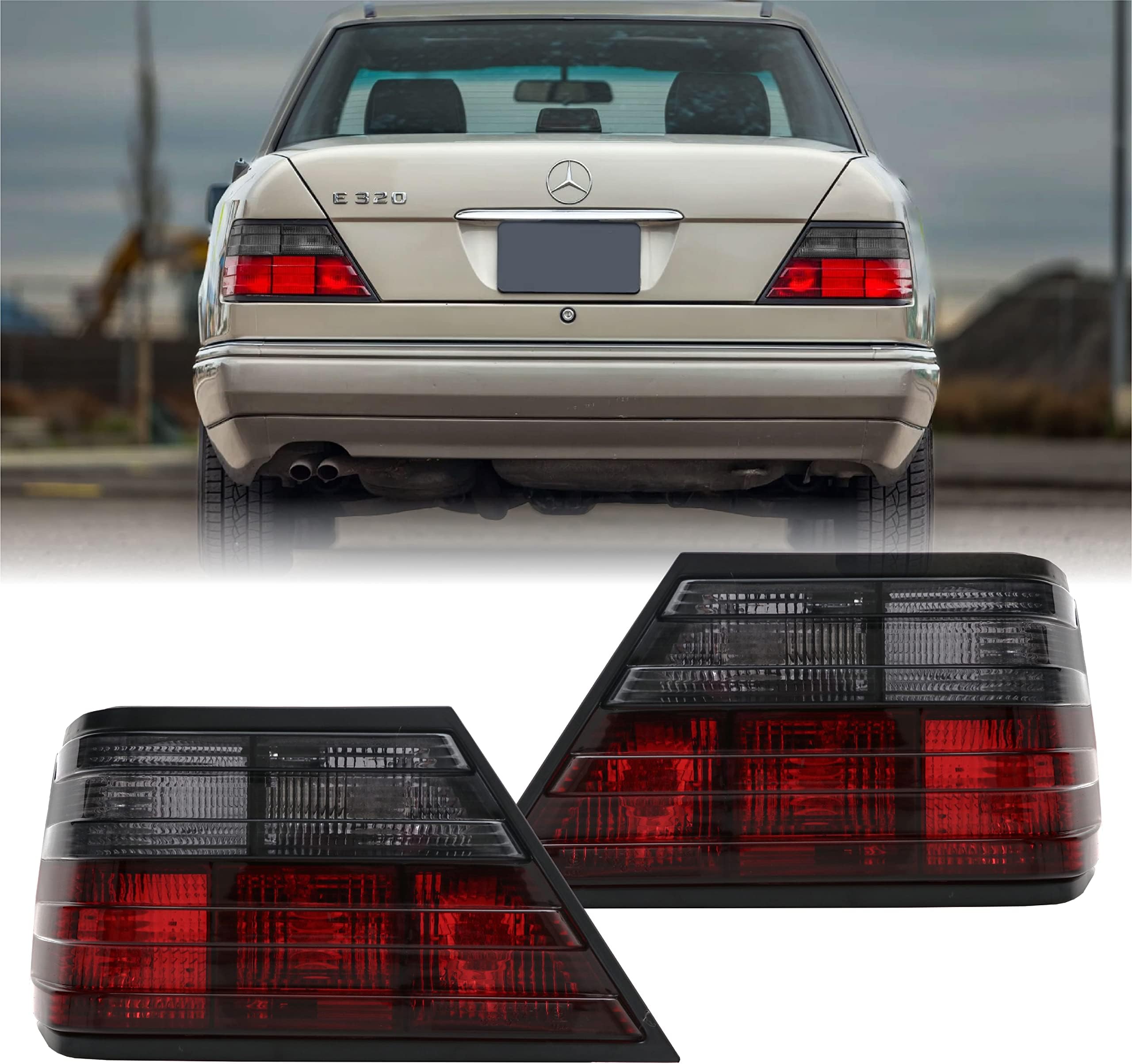 USR DEPO 86-95 W124 E-Class UPGRADE Stock Replacement Rear Tail Lights (Left + Right) Compatible with 1986-1995 Mercedes Benz W124 EClass 2DR Coupe 4DR Sedan (Red Smoke Lens, Plug and Play, 2 PC Set)