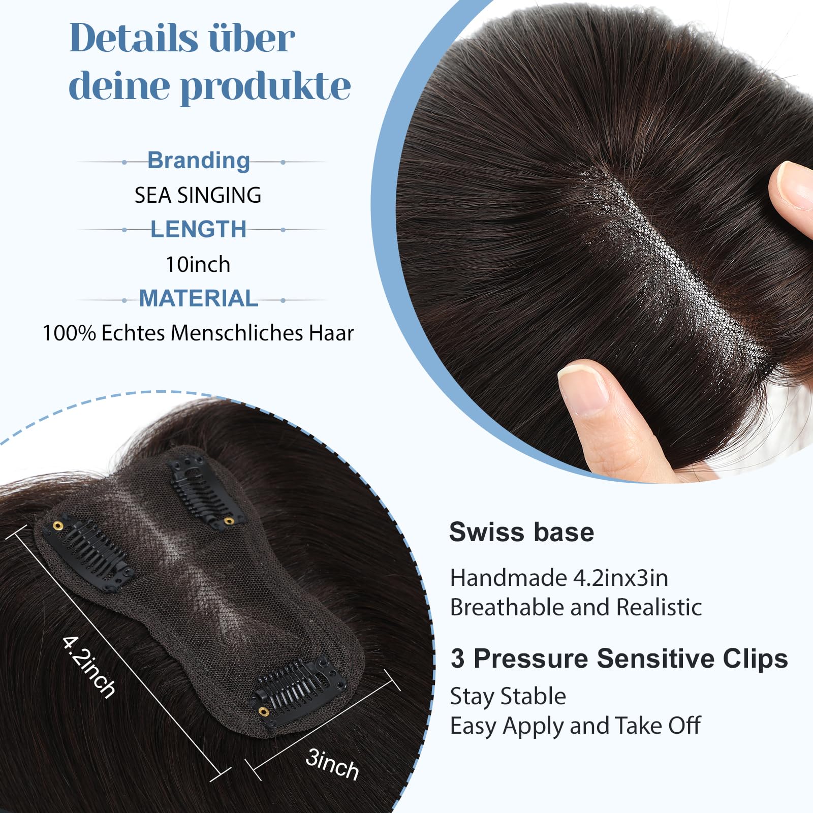 Toppers para el cabello humano para mujer, toupets ligeros para mujeres, 100 % atados a mano, clip en postizo para cabello fino, parte superior de la cabeza, mullido, liso, sin flequillo (4T10/16#)