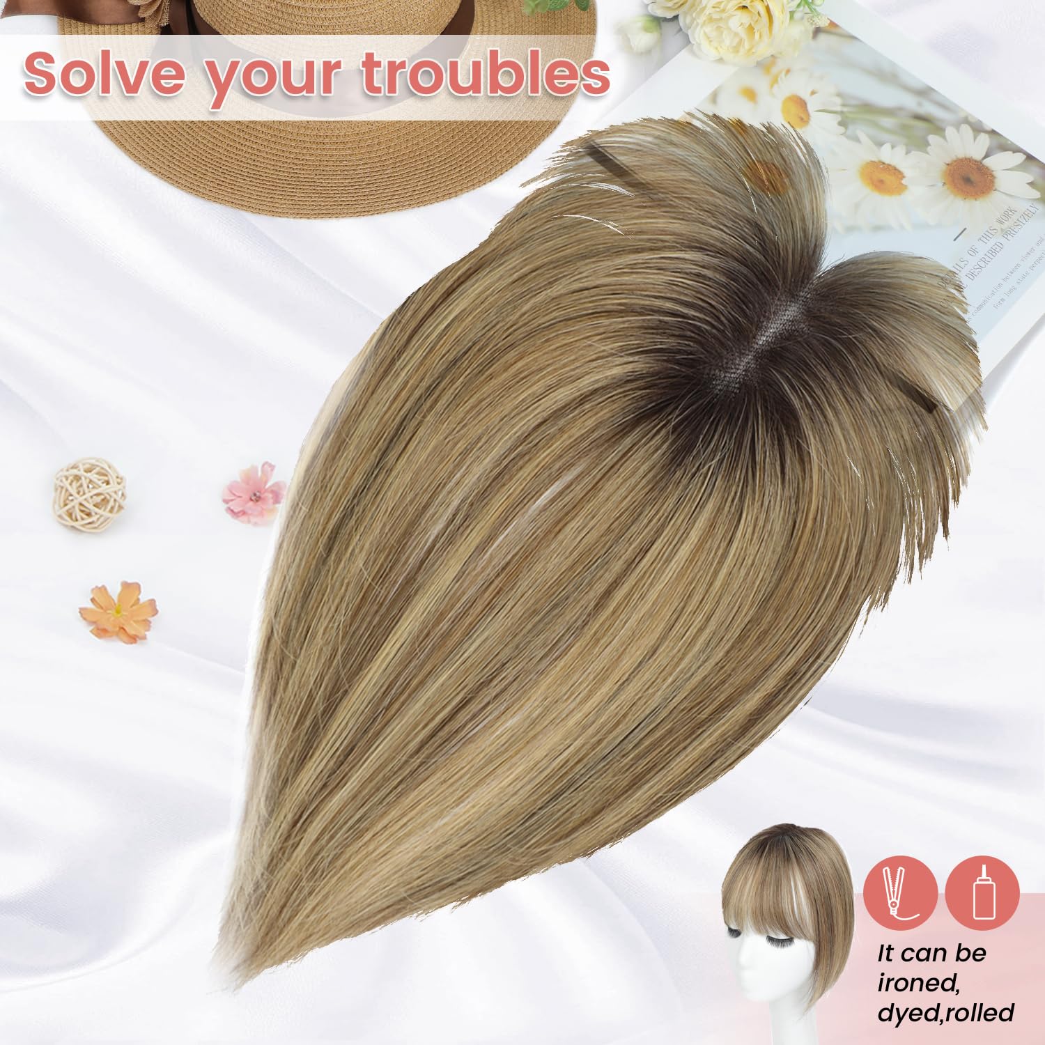 Lasunork Hair Toppers for Women Human Hair Topper Clip in Fringe Hand-woven Swiss Base Hair Topper (Medium Brown Mix Blonde with Dark Brown Root) - Image 3