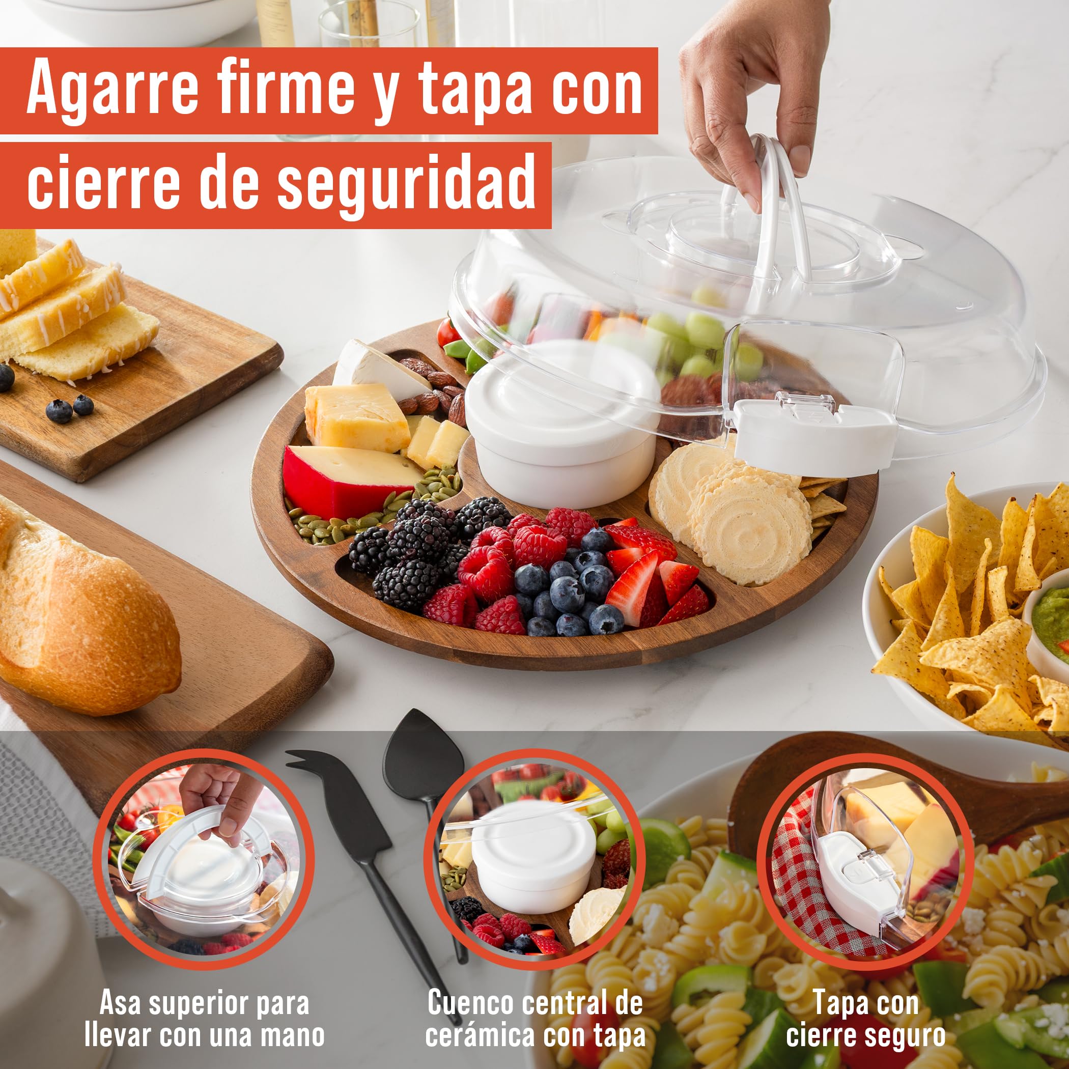Chef Pomodoro Tabla de Quesos con Tapa (34 CM), Queseras para Guardar el Queso, Tabla para Quesos y Aperitivos, Tabla de Queso y Embutidos Madera, tabla de charcutería portátil, Redonda