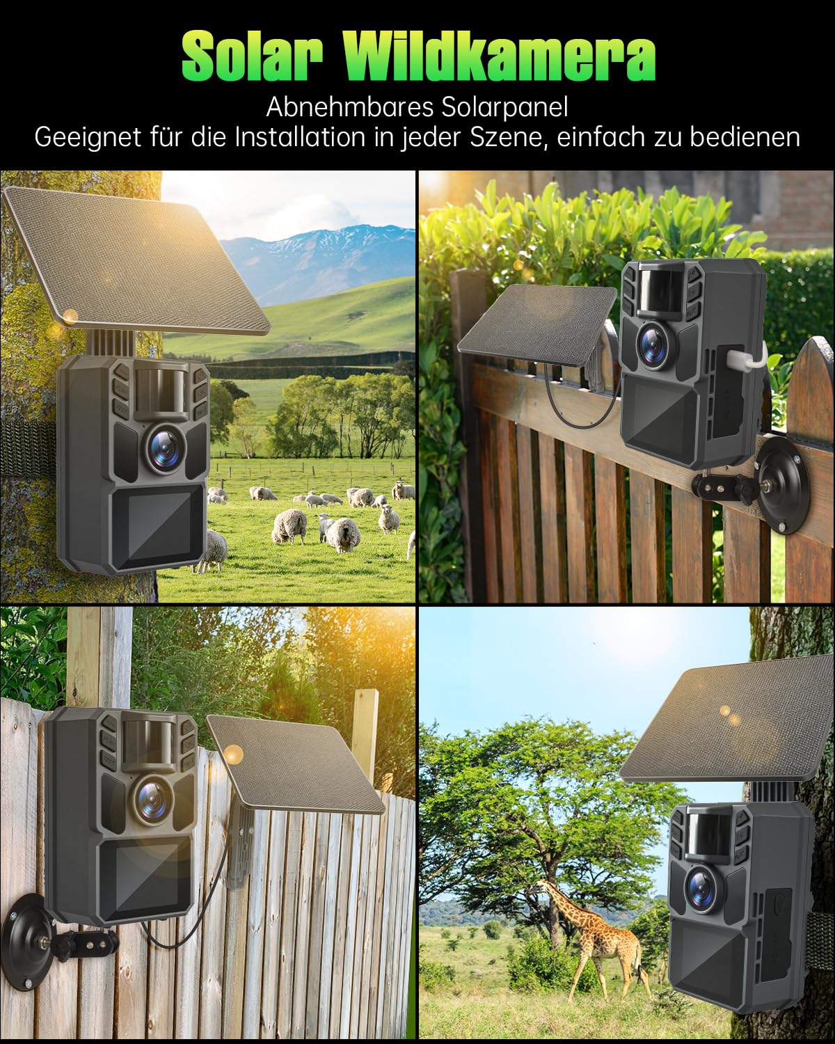 4K 64MP Wildkamera Solar, Eingebaute 5000mAh Lithium-Batterie, 0.2s Auslöser Bewegungsaktiviert, Wildtierkamera mit Nachtsicht, IP67 Wasserdicht, 120° Weitwinkel