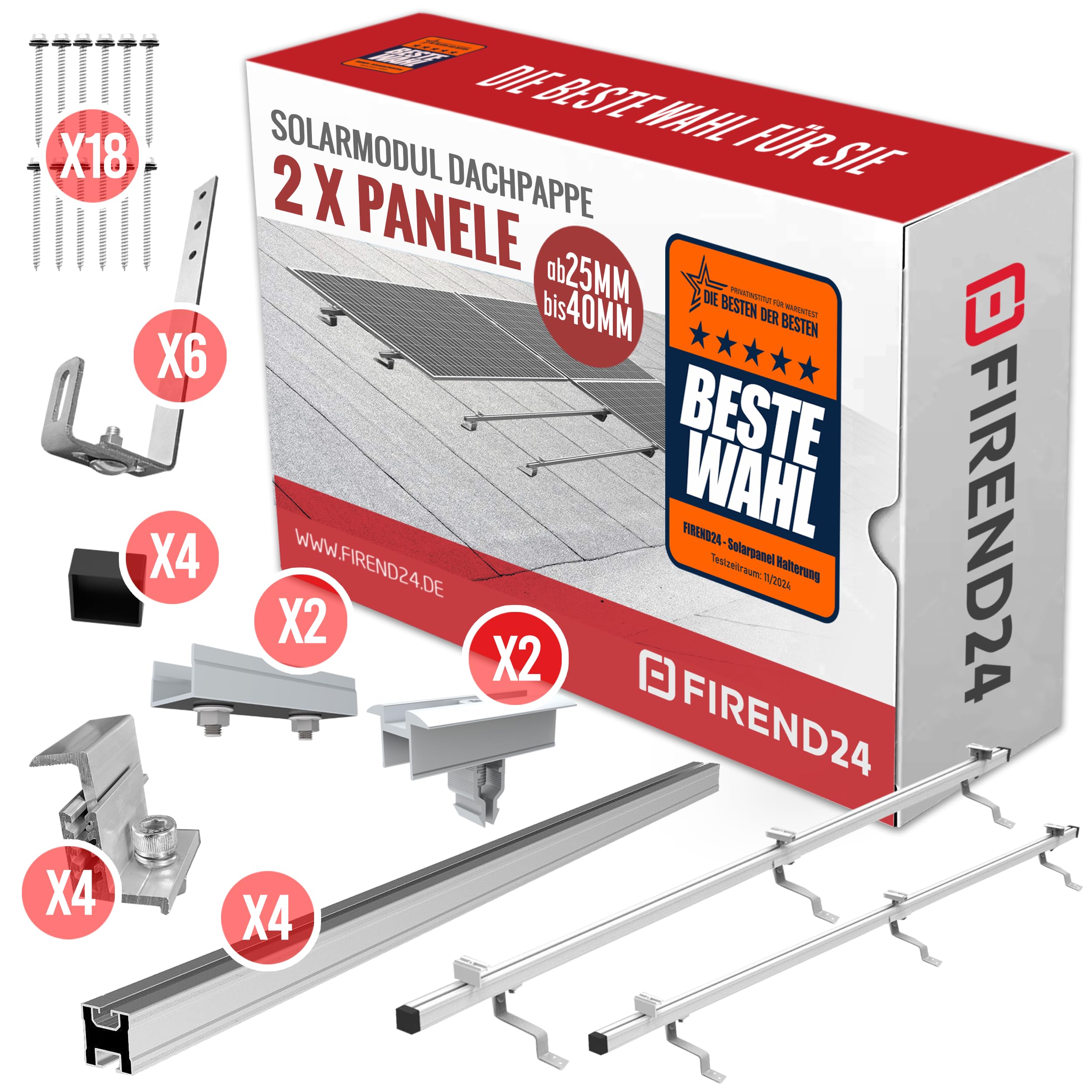SET 2x PV-Module, PV, Photovoltaik, DACHPAPPE, Aufständerung, Dachhalterung, Befestigung, Halter, Halterung, Solar, Solarmodul, Solarpanel, PV Halter, 25-40mm, 0%