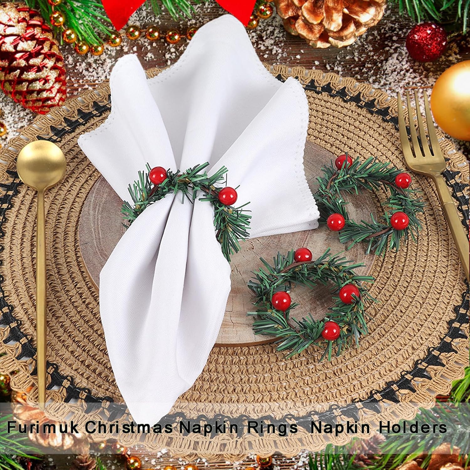 15 Pcs Christmas Napkin Rings Holly Berry Napkin Buckle Needles Wreath Pines Red Berries Candle Ring Wreath Holder for Xmas Birthday Wedding Thanksgiving Party Banquet Table Decorations
