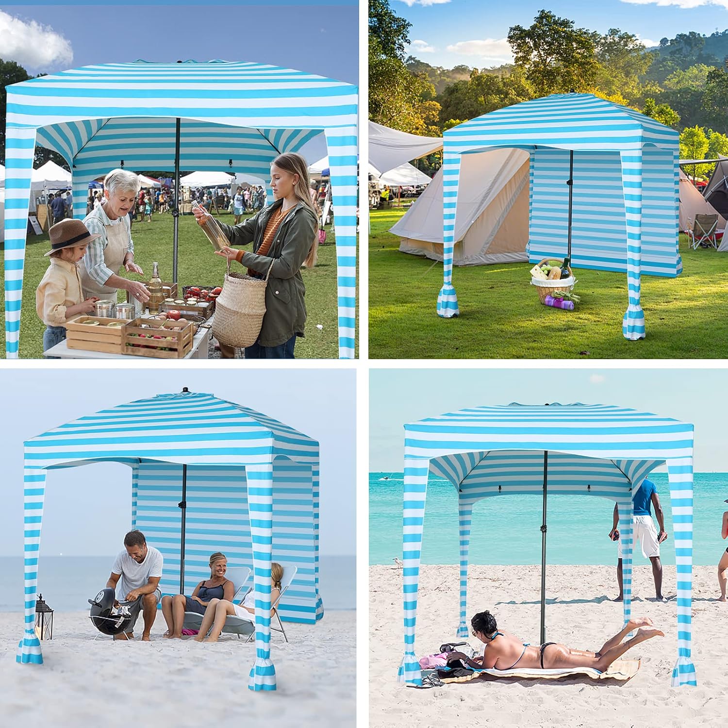 Nice C Beach Cabana Tent - Portable 6'x 6' with Detachable Wall, UPF 50+ UV Protection, Ultimate Sun Umbrella, Sun Shelter (Blue Stripe)