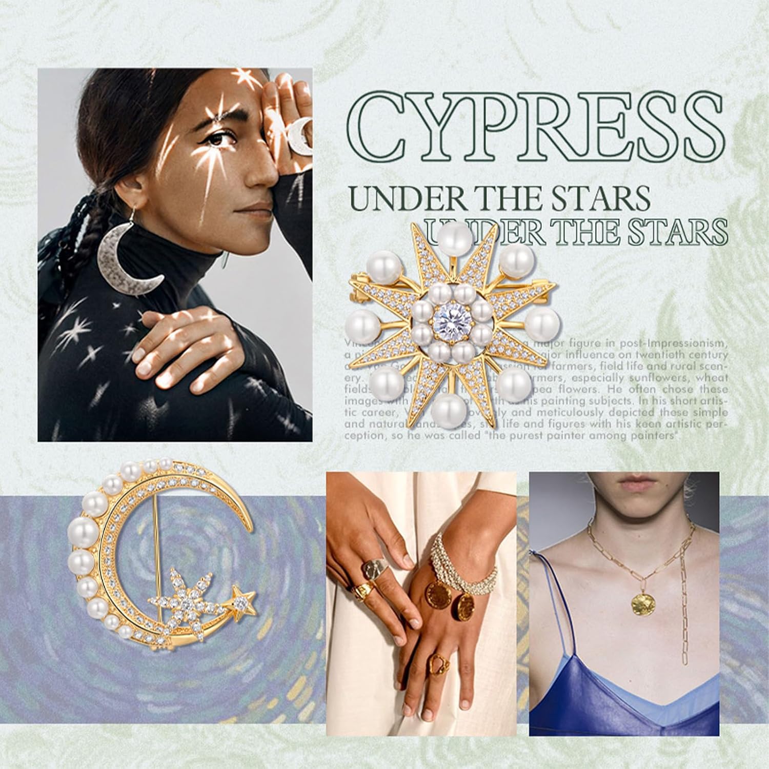 Vintage Pearl Brooch Pin Moon and Star Crystal Rhinestone Brooch 8-Pointed Star Lapel Pin Baroque Pearl Gold pins and brooches jewelry, SHE'S FREE STYLE JUST FOR YOU Metal Plating Process Safety pins - Image 6