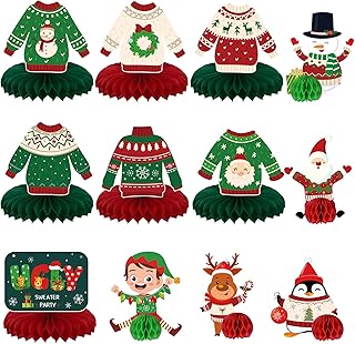 12 Pcs Christmas Ugly Sweater Party Decorations Christmas Ugly Sweater Honeycomb Centerpieces Xmas Sweater Party 3D Table Decorations for Christmas Party Winter Holidays Supplies