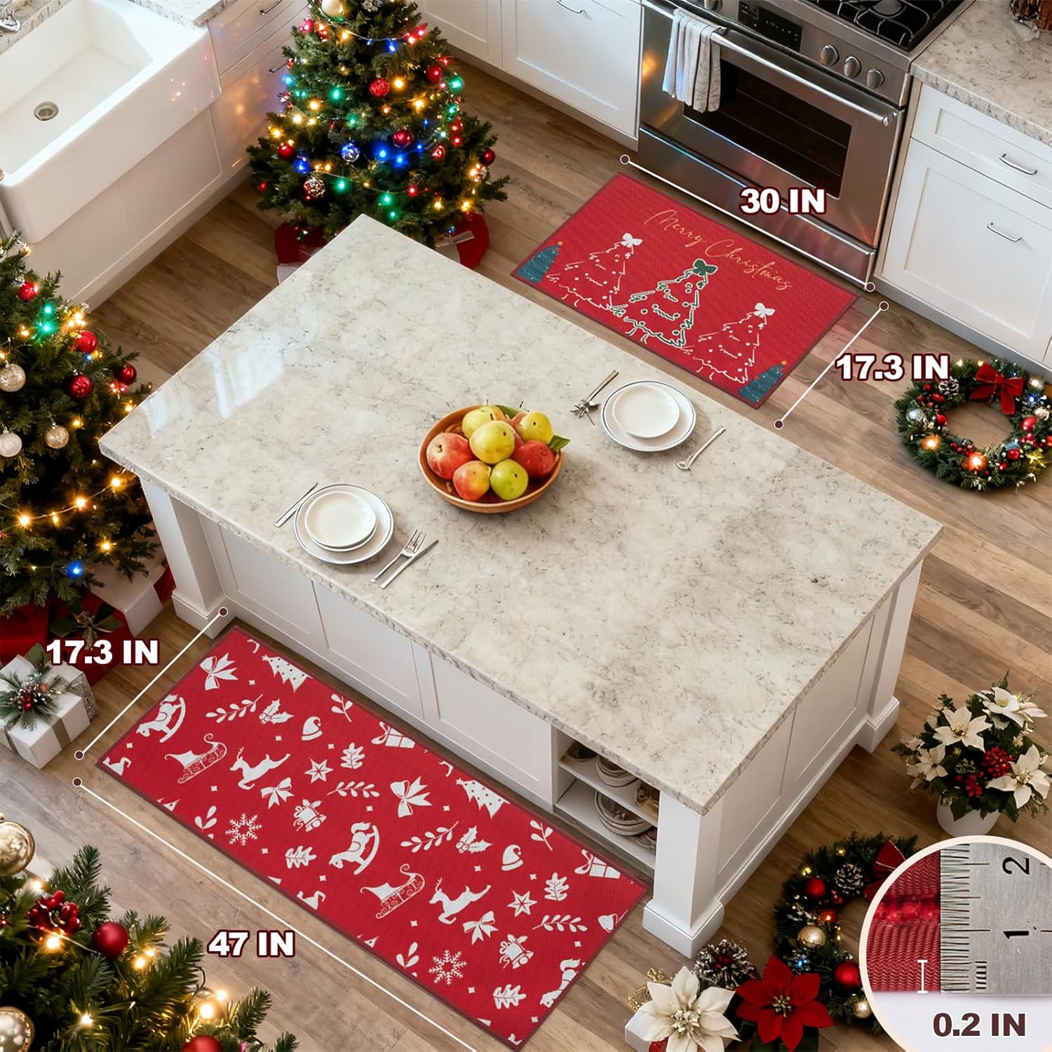 Merry Christmas Kitchen Mat Set of 2 PCS, Non Slip Rugs for Kitchen Floor, Red Christmas Decor, Absorbent Runner Comfort Standing Mats Washable for Kitchen, Home (Tree, 17.3"x47"+17.3"x30")