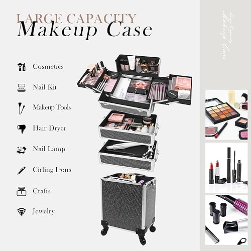 Miniatura 5 de Estuche de maquillaje profesional con ruedas, estuche de tren de maquillaje 5 en 1, carrito de maquillaje cosmético, estuche de cosmetología de