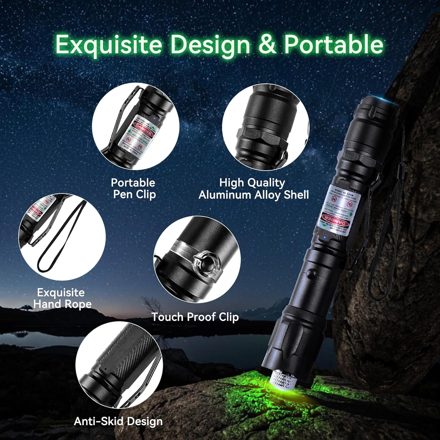 [2 Packs] Green Light Flashlight, Long Range Rechargeable Tactical Flashlights with Star Cap Adjustable Focus, for Outdoor Use, TV/LED/LCD Screens, Astronomy, Camping and Presentations