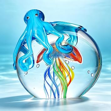 QFkris Colorful Glass Octopus and Jellyfish Figurines Collectible Handmade Glass Paperweight Ornament Sea Animal Artwork Sculpture Home Aquarium Decor Craft Decoration5.3inch