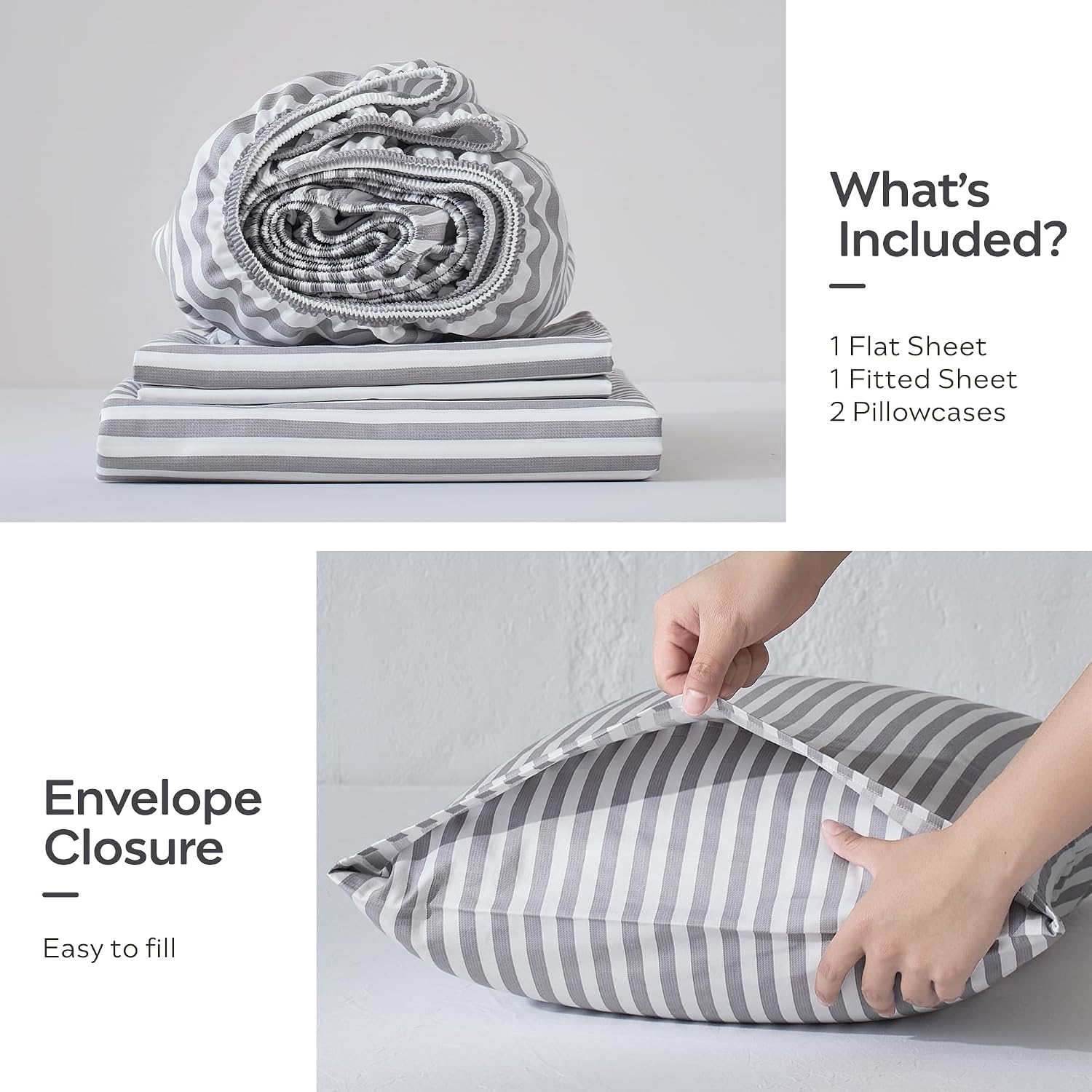 JELLYMONI 100% Cotton Sheet Set, Gray Striped, Queen | Soft breathable cotton, Deep pocket fit, Complete sheet set, Envelope closure, Bedroom refresh