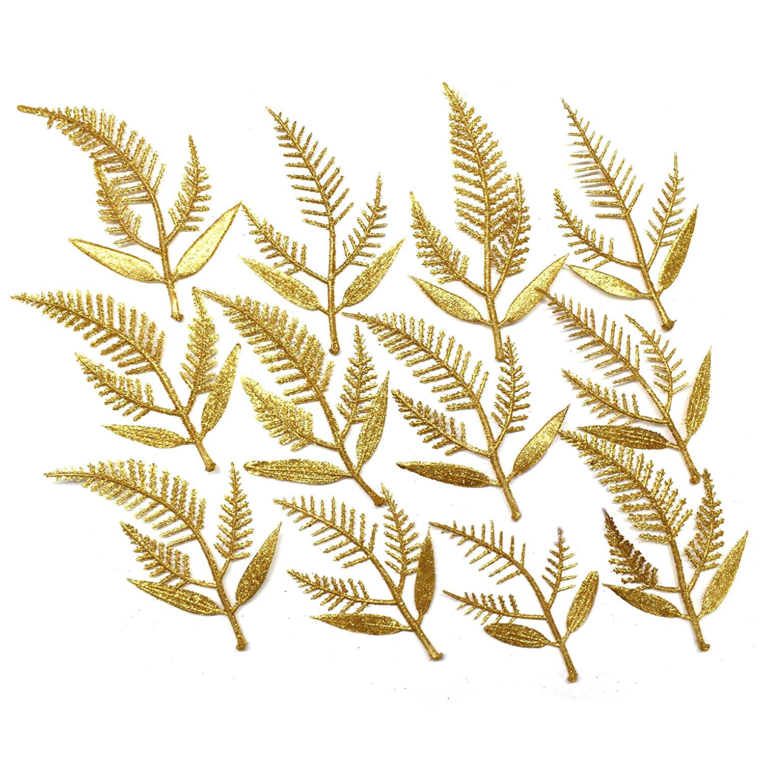 Asian Hobby Crafts Glitter Leaves for Flower Making, Golden Glitter Leaves with Stems, DIY Crafts, Decorations, Flower Making Designer Leaves for Crafts|Pack of 15|Size : 5 Inch Approx