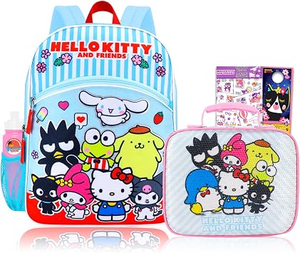 Hello Kitty and Friends Backpack and Lunch Box Set for School Bundle + More | Insulated Lunch Bag & 16in Large Durable Sanrio Bookbag Plus Water Bottle, Tattoos, More - Hello Kitty School Supplies