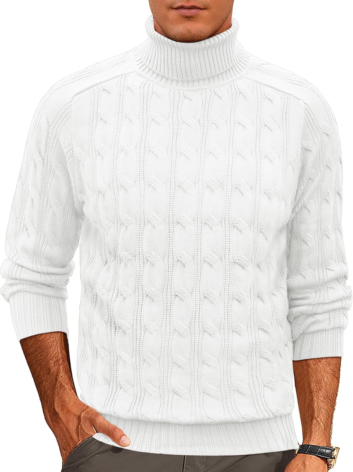 Cotrasen Men's Turtleneck Sweater Long Sleeve Cable Knit Sweater Casual Fall Winter Warm Twisted Pullover Sweaters