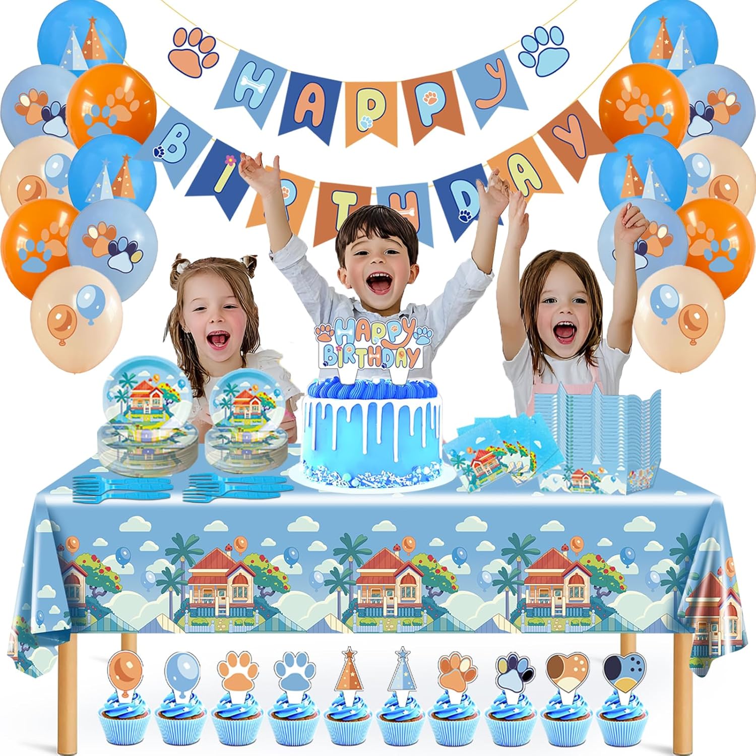Blue Dog Birthday Decorations for 20 Guests - Blue Birthday Party Supplies Banner, Tablecloth, Balloons, Plates and Napkins, Fork, Cake Toppers, Paper Food Trays