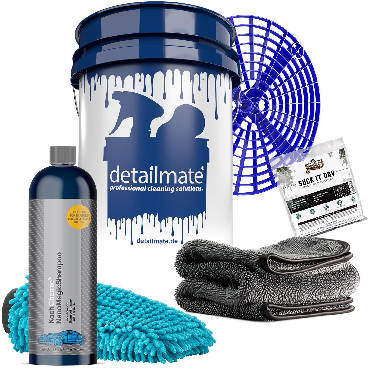 detailmate Koch Chemie Nano Magic - Set de limpieza para coche (750 ml, cubo de 5 galones (aprox. 20 L), inserto de protección antisuciedad, guante de lavado superabsorbente, chenilla por ambos lados