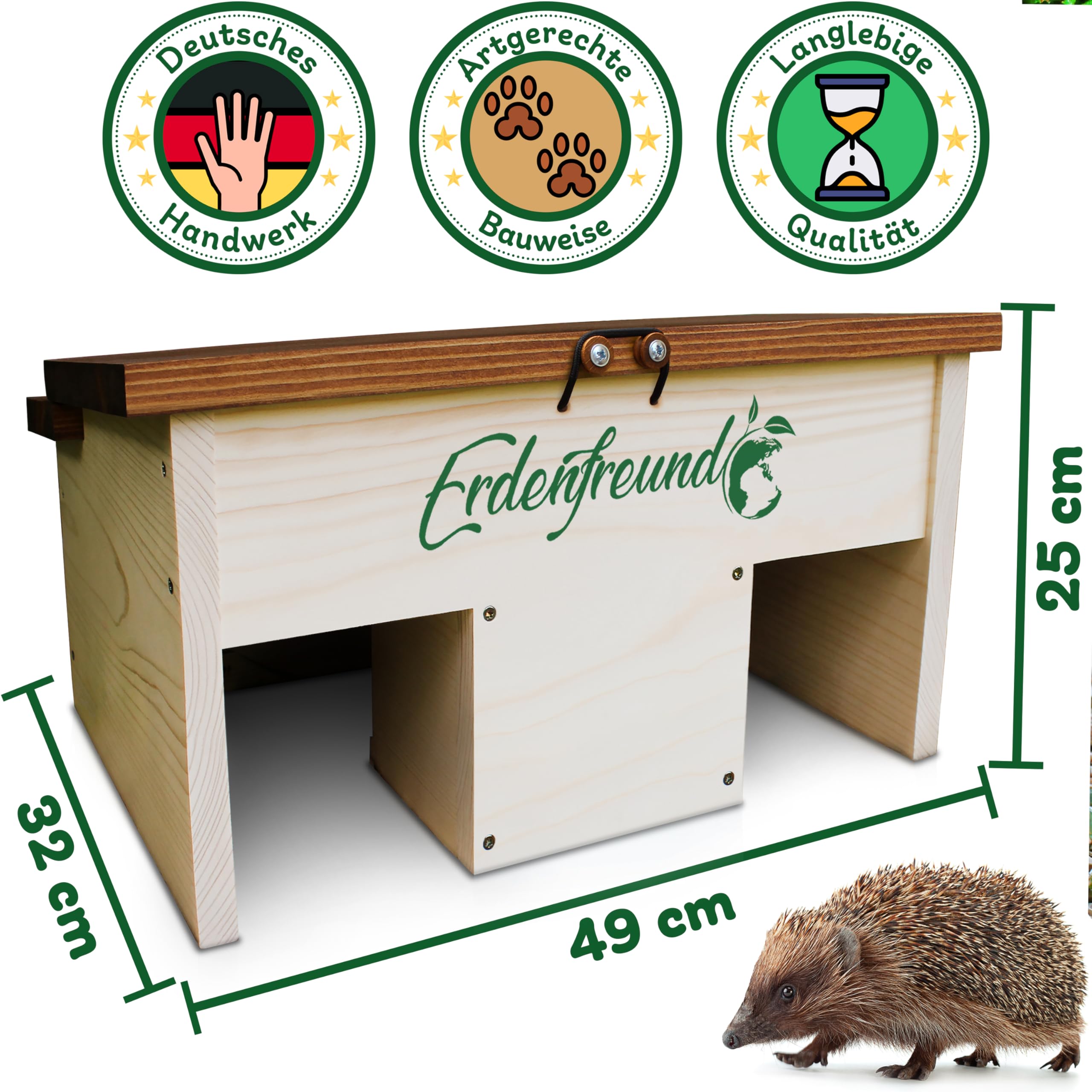 ERDENFREUND® Igelfutterhaus + 2er Set Wasser- & Futternapf Igelhaus kaufen artgerecht mit festem Dach-Sicherheitsverschluss und 2 Labyrinth Eingängen (Igelfutterhaus inkl. 2er Set Wasser-& Futternapf)