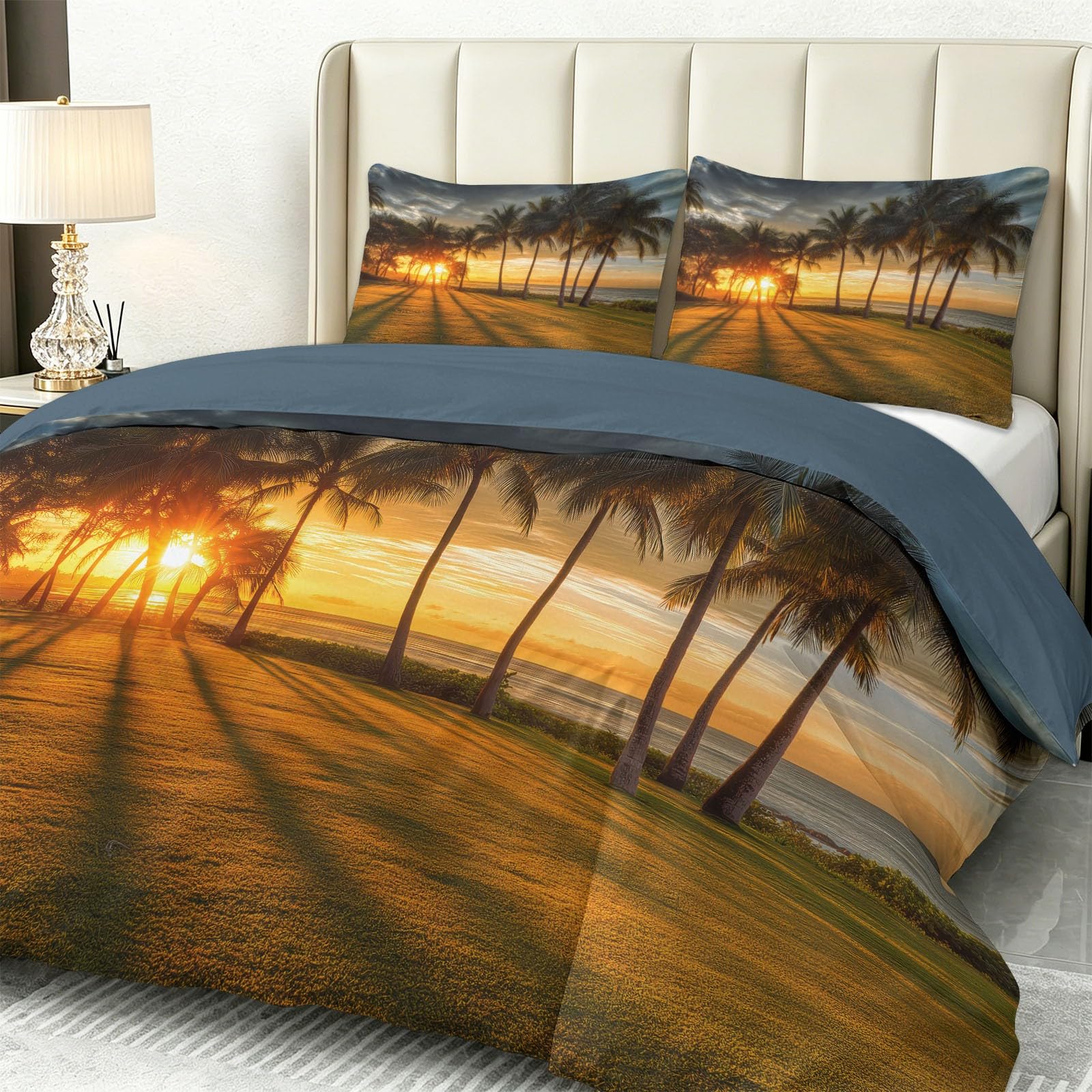 Miękki, lekki tropikalny zestaw pościeli z mikrofibry, złota plaża, zachód słońca, lekki cień drzewa kokosowe, poszewka na kołdrę, 230 x 220 cm, na wszystkie pory roku, nie wymaga prasowania, z 2