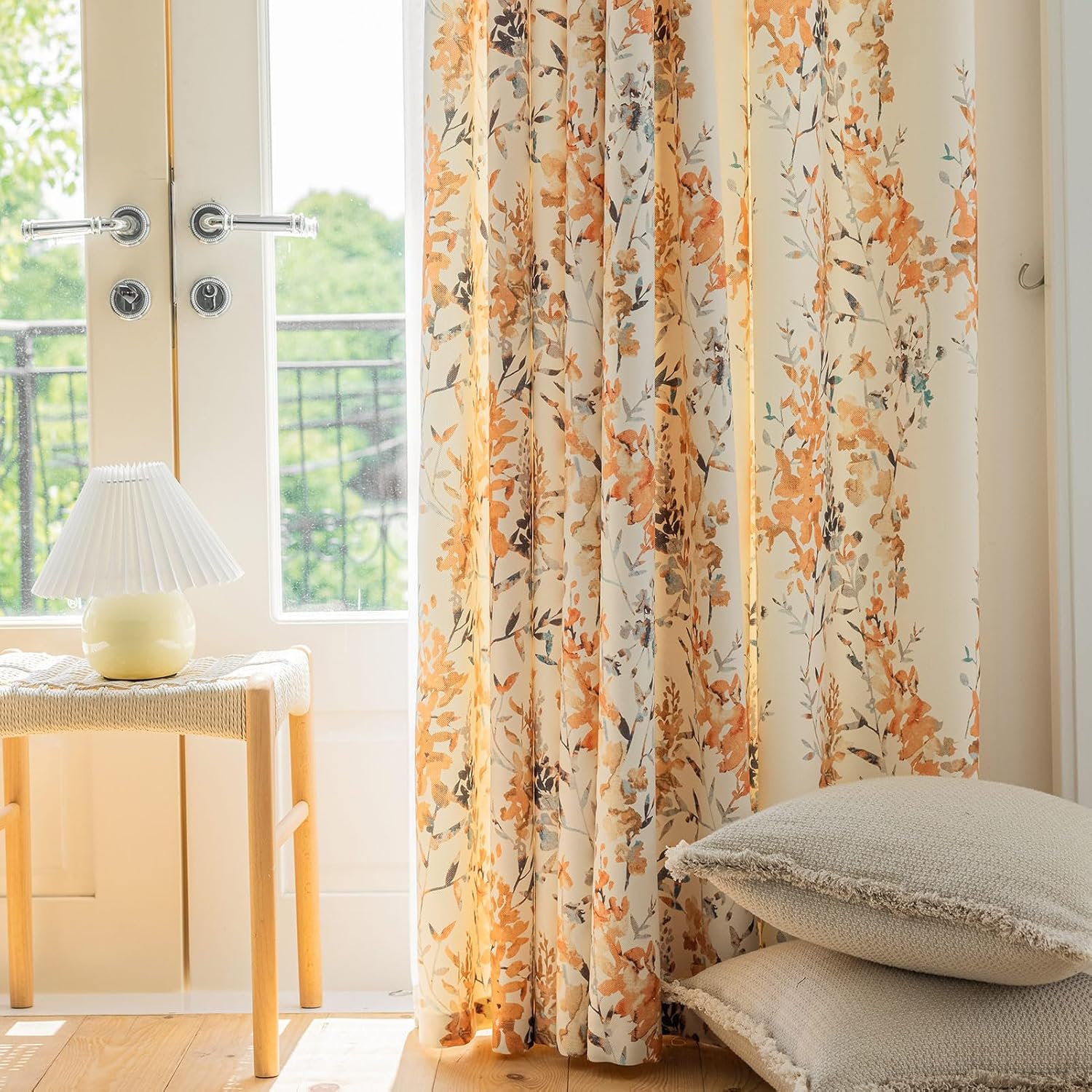 Burnt Orange Floral Curtains for Living Room Dining Chenille Patterned Boho Leaf 84 Inches Long 2 Panels Light Filtering Window Drapes for Bedroom