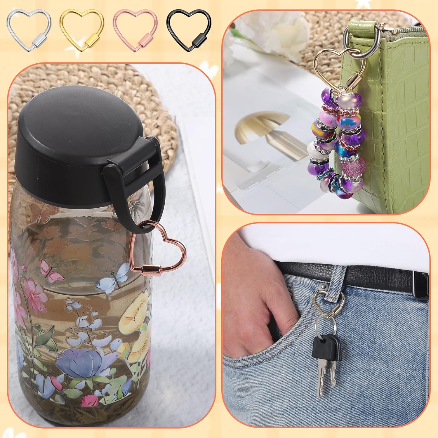 8 Pcs Screw Carabiner Small 30x29mm Heart Shaped Carabiner Clip Multi Function Small Cute Locking Keychain Clip for Keys Hiking Camping Travel Jewelry Making Accessories(4 Colors) - Image 4