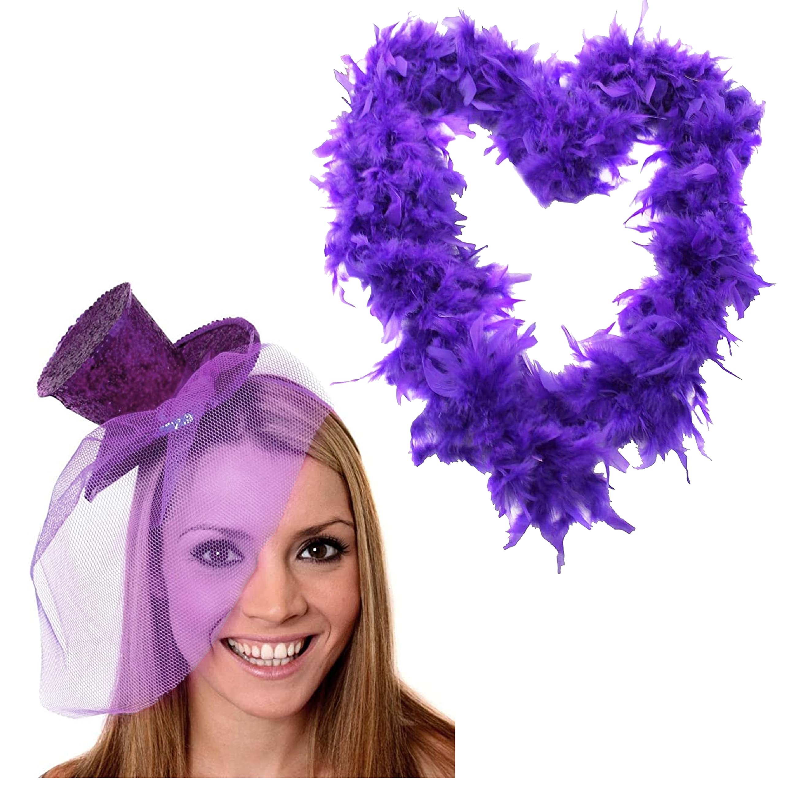 LADIES TOP HAT + FEATHER BOA FANCY DRESS ACCESSORY SET COLOURED GLITTER FASCINATOR HAT AND MATCHING COLOURED FEATHER BOA BURLESQUE HEN NIGHT (PURPLE) โ image 1