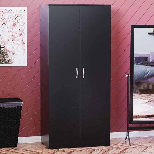Vida Designs Riano 2 Door Wardrobe, Black Shelf & Hanging Rail Wooden Bedroom Storage Furniture