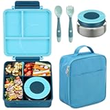 Bento Lunch Box Set for Kids with 8oz Soup Thermo&comma; Leak-Proof Lunch Containers with 4 Compartment&comma; Kids Thermo Hot Food Jar and Insulated Lunch Bag for Kid to School-Blue